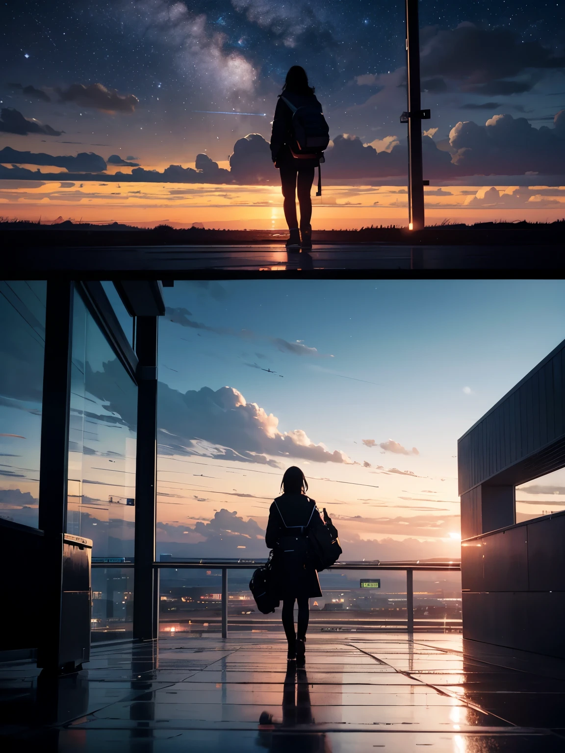 Octane Number, null, star (null), scenery, starry null, evening, 1 girl, evening null, alone, Outdoor, building, cloud, milky way, session, wood, Wide range, Runway, silhouette, Airport night view