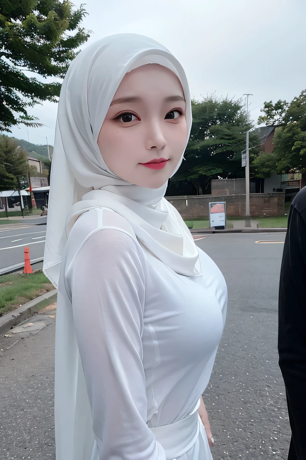 (Best quality, masterpiece) ,(nikon RAW photo, 8 k, Fujifilm) , 1girl, female, (hijab, white hijab:1.2) , casual outfit, medium breastessional lighting, dramatic lighting, medium close shot, (serious expression), emotionless, looking to viewer, outdoor, depth of field,