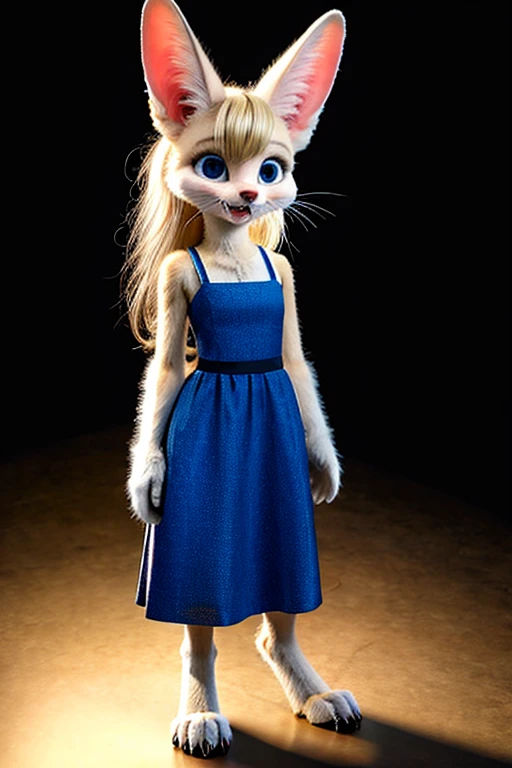 (white fur:1.2), short slim skinny adult female digitigrade fennec with medium breasts,  BREAK whiskers, black lips and nose, bright and vivid deep blue eyes, BREAK very long wavy platinum blonde hair, BREAK (very short) light blue dress with spaghetti straps, (cleavage) straps BREAK standing on stage in the spotlight, BREAK by (trigaroo:1.2), by discreet user [by dryadex, by syuro::12], [by v-tal:by himeragoldtail:18], (by toots, by syn-6), (whisperfoot:0.6), (by kenket:0.8), translucency