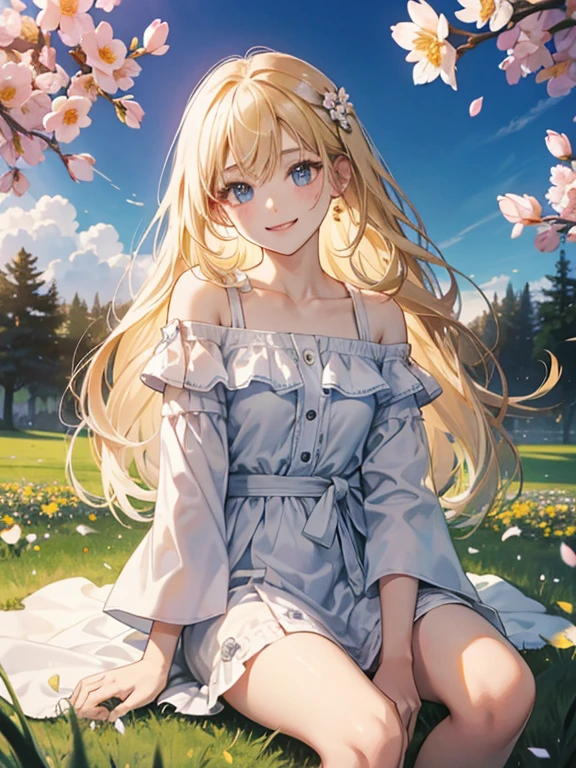 Smiling with eyes and mouth open、Sitting in the flower park、knee up、One pretty blonde girl。She had her long hair blowing in the wind、Surrounding flowers々Surrounded by the scent of。That smile is、As warm as the spring sunshine、Gives a pleasant feeling of happiness。She is such a、White off-shoulder、Wearing a miniskirt、It's like a single flower blooming in the park.、Cleavage。Panty Shot、Show white panties。Expand your imagination、What charm will her smile have in this landscape?、Picture it。