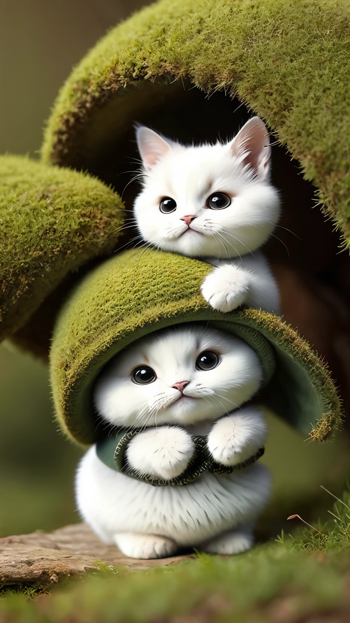 Fluffy cat sitting near the roots of a tree in the middle of the mountain, cute