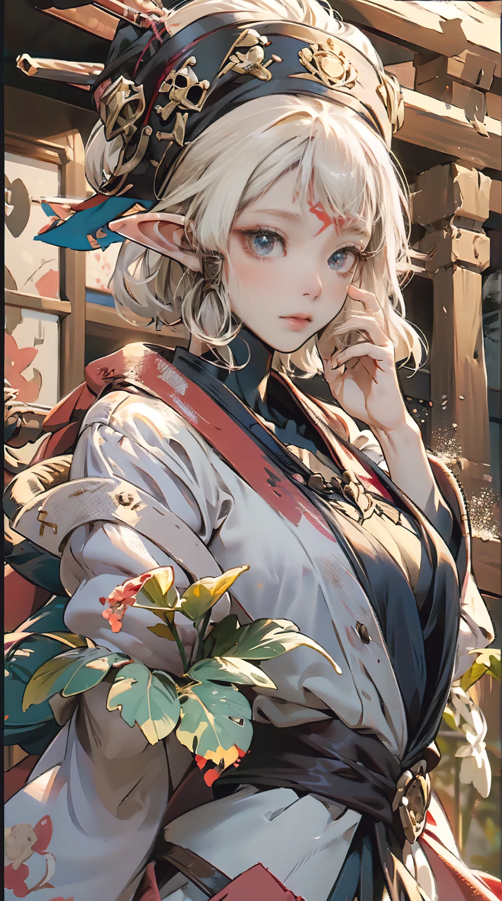 paya, a beautiful Extremely cute elf race face, 1girl, insanely detailed face and eyes, Perfect lips, pirate captain, Sunshine, hands on straw hat, red jacket, closed shirt, pirate hat, looking at viewer, upper body, ABS, asymmetrical bangs, white blonde short hair, Small breast, digital painting, dramatic, cinematic lighting, fine expression, fine detail, masterpiece, fantasy art, illustration, masterpiece, digital art by Yusuke Murata.
