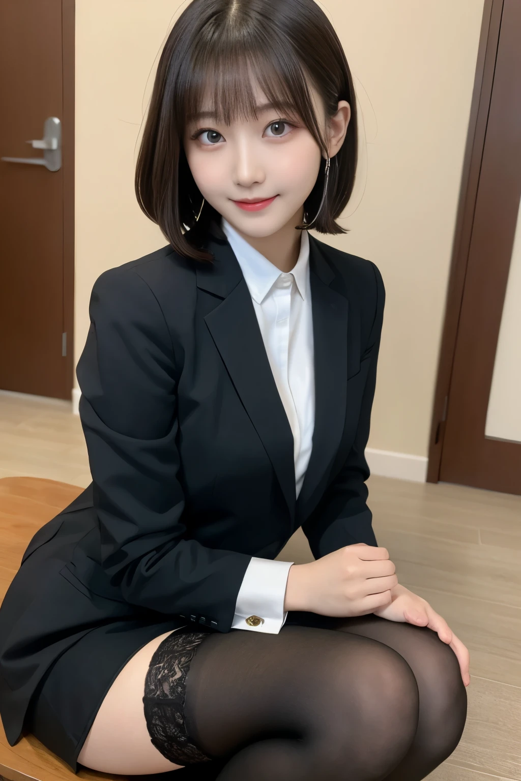 Tabletop, highest quality, shape, Very detailed, finely, High resolution, 8k wallpaper,short hair、 完璧なダイナミックな構shape, Beautiful and beautiful eyes, suit，Natural color lip, smile、18-year-old girl，When wearing black tights or stockings、Plump thighs、Shortcuts