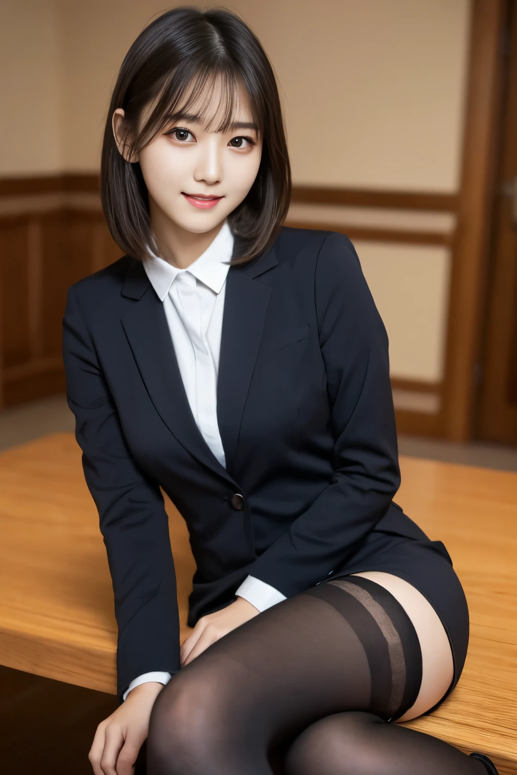 Tabletop, highest quality, shape, Very detailed, finely, High resolution, 8k wallpaper,short hair、 完璧なダイナミックな構shape, Beautiful and beautiful eyes, suit,Natural color lip, smile、18-year-old girl,When wearing black tights or stockings、Plump thighs、Shortcuts