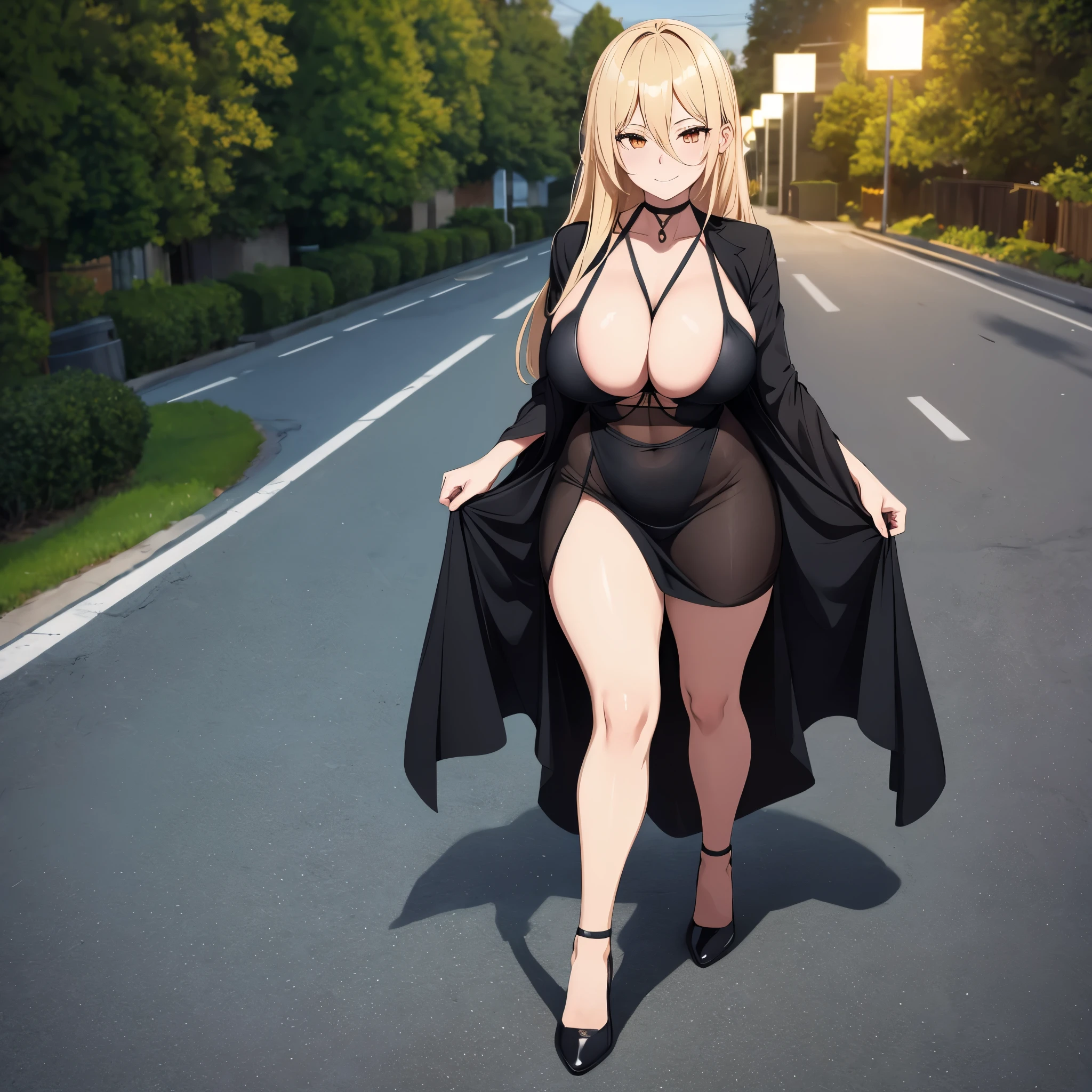 A woman wearing a low-cut black dress, legs exposed, black heels, long blonde hair, orange eyes, big breasts, smiling, walking on a concrete sidewalk, a high point of land, background of large agricultural land, night lighting in the place of classic lamps, surrealism, projected shadow, anaglyph, stereogram, tachi -e, pov, atmospheric perspective, surrealism, flower, 8k, super detail, accurate, best quality, UHD, anatomically correct, textured skin, high quality, high resolution, best quality
