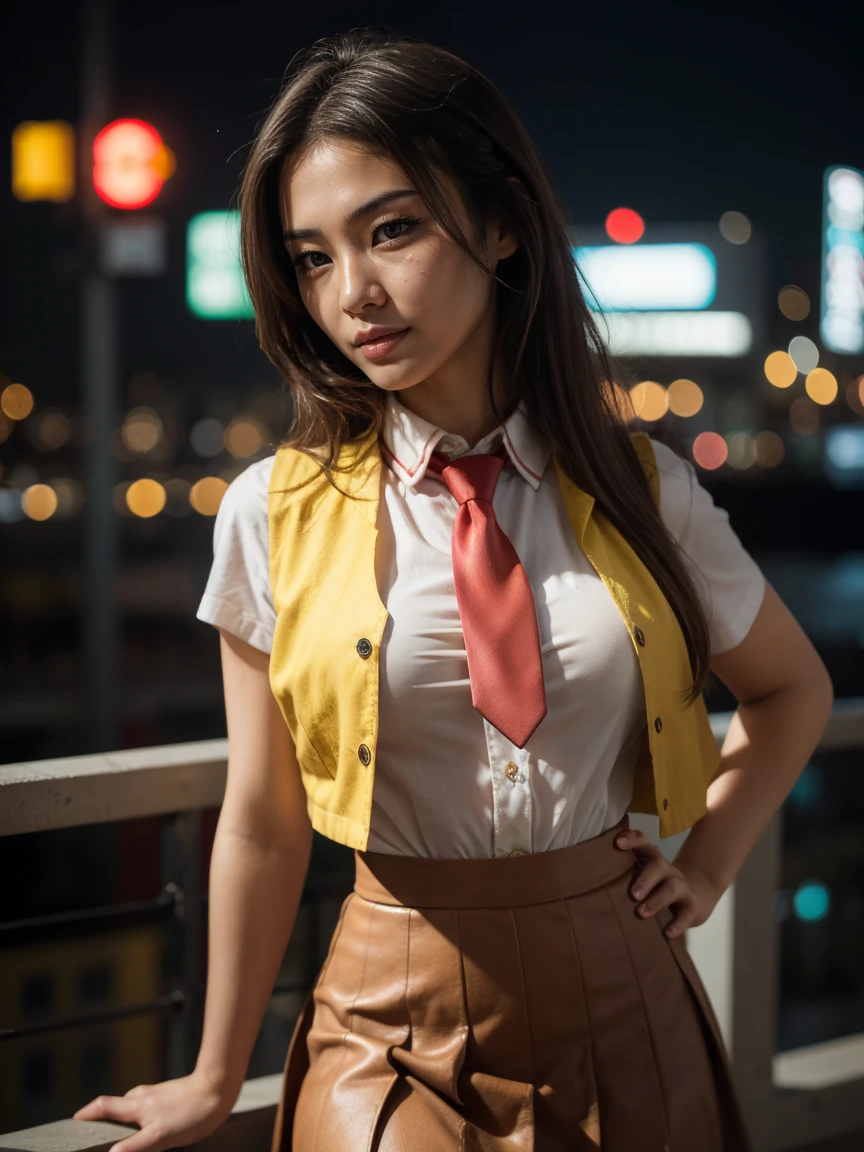 (1 lady), (Best quality at best:1.4), (ultra - detailed), (extremely detailed CG unified 16k), A Beautiful Woman with Perfect Figure: 1.4, Sharp Focus: 1.2, very detailed, High-definition RAW color photo, professional photoshooting, amazing face and eyes, cosmetics, (amazingly beautiful girl), ((Mion Sonozaki, pale skin, white skin, white pale skin)), ((white shirt, red necktie, yellow vest, red skirt)), standing, sexyposture，(Dark and stylish urban landscape, city lights, city lights:1.3), (look from down), realistic cinematic face, head to feet long wide zoomed out view, full body long view, photorealistic, ((realistic natural green hair style, green eyes, long hair)), gorgeous, extremely beautiful face, perfect model beauty, pout mouth, Highly Detailed Face and Skin Texture, Detailed Eyes, Double Eyelids, Medium Breasts, Smile, cleavages, western, (masterpiece), best quality, high resolution, extremely detailed, blurred background, depth of field, cinematic lighting, amazing legs, clear and well-cared skin, (((woman occupies most of the picture)))