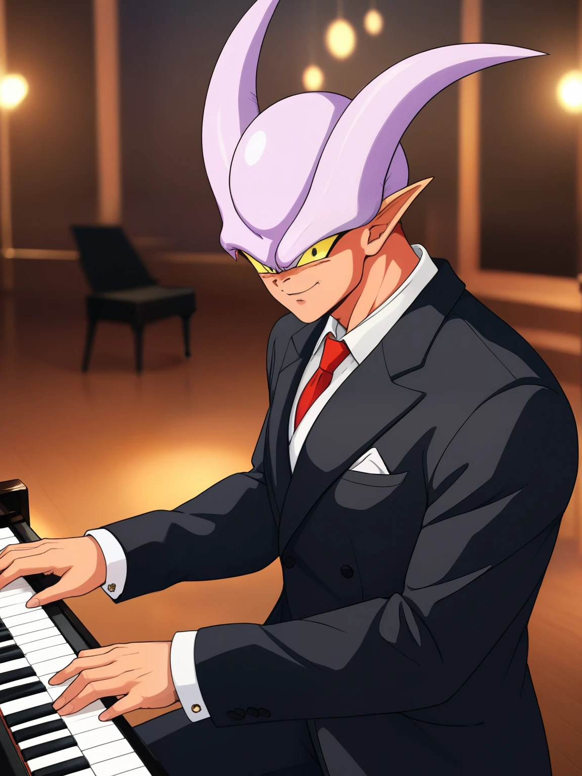 (best quality,4k,8k,highres, detailed,Janemba,masterpiece:1.2),ultra-detailed,realistic, HDR, sharp focus, professional, vivid colors, bokeh, Janemba wearing a black suit, playing the piano, elegant outfit, intricate detail, Grand Piano, polished wood surface, delicate keys, graceful posture, confident expression, intense focus, dramatic lighting, classical music ambiance, atmospheric setting