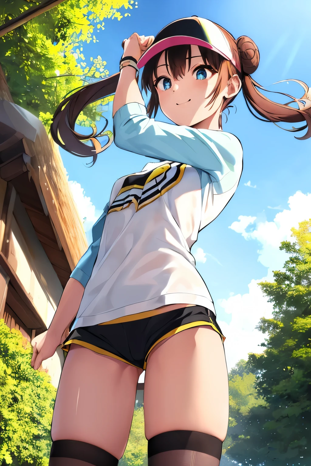 Tabletop、highest quality、High resolution、1 girl、Short length、thin、A shy smile、Brown Hair, Hair Bun, blue eyes, Long twin tails, Visor Cap,( black tights), Raglan sleeves, Yellow shorts,shirt, Pink Ribbon, clock、Outdoor、A photo of the subject viewed from below、、((Loose shorts、Panties sticking out of shorts、Loose shorts、white Panties are visible through the gap between the Yellow shorts、White panties))、Superperspective、Wide Shot、upshorts