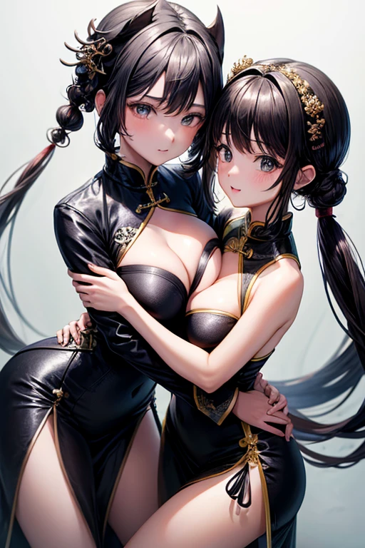 2 girls , (Black Chinese Dress:1.3) , village , (Big and small breasts:1.2) , low length , , Hugging each other ,