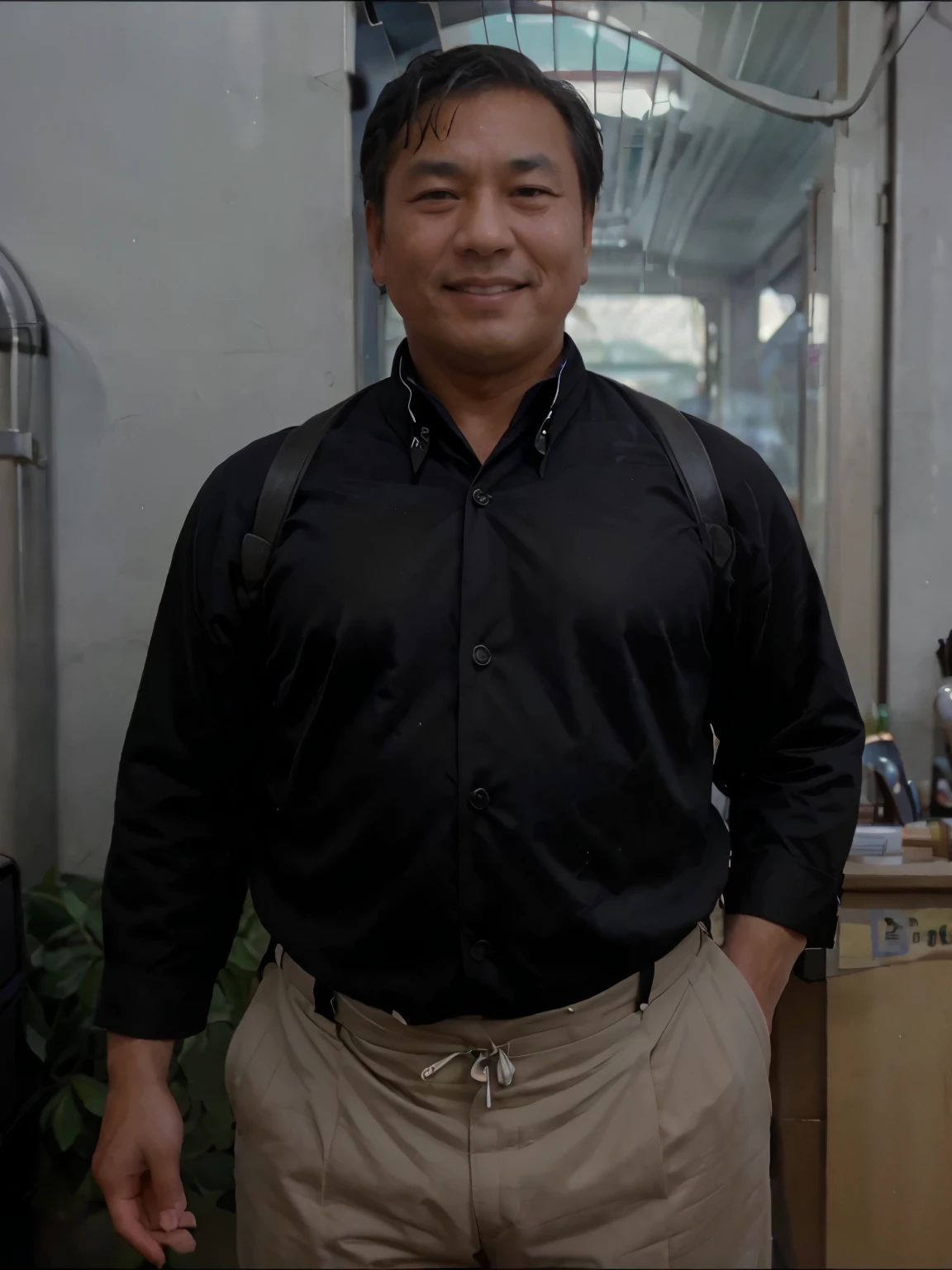 A 50-year-old oriental middle-aged man with a slightly fat figure in the 1950s,Wearing a neat suit and suspenders with an friendly smile on his face,Business frontal half-length close-up,Black and white portrait film photography