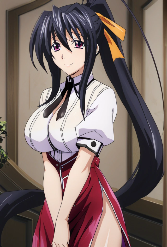 sysdeep_akeno, 1girl, solo, long_hair, looking_at_viewer, smile, big_breasts, shirt, black_hair, ribbon, hair_between_eyes, very_long_hair, sexy_dress, purple_eyes, hair_ribbon, slit_shirt, ponytail, short_sleeves, indoors, neck_ribbon, high_ponytail, v_arms, orange_ribbon, sexy_body,  