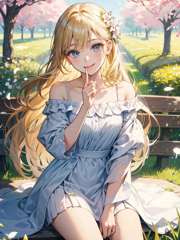 Smiling with eyes and mouth open、Sitting in the flower park、knee up、One pretty blonde girl。She had her long hair blowing in the wind、Surrounding flowers々Surrounded by the scent of。That smile is、As warm as the spring sunshine、Gives a pleasant feeling of happiness。She is such a、White off-shoulder、Wearing a miniskirt、It&#39;s like a single flower blooming in the park.、Cleavage。Panty Shot、Show white panties。Expand your imagination、What charm will her smile have in this landscape?、Picture it。