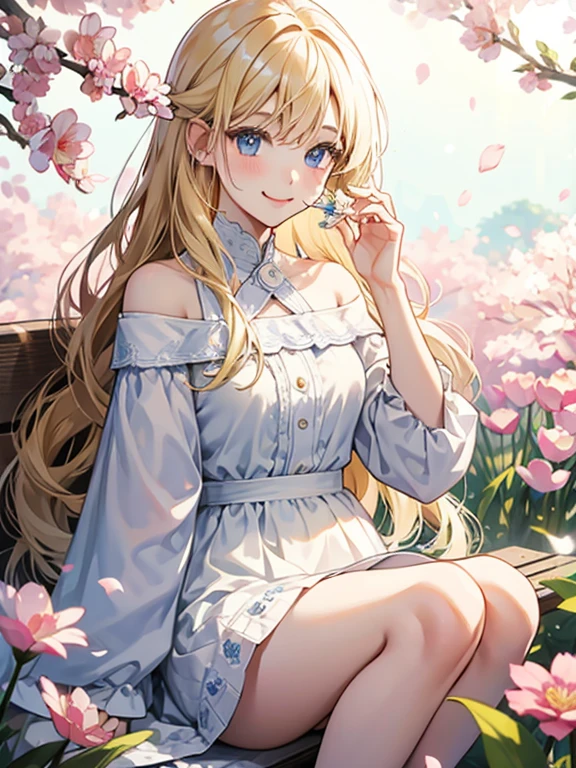Smiling with eyes and mouth open、Sitting in the flower park、knee up、One pretty blonde girl。She had her long hair blowing in the wind、Surrounding flowers々Surrounded by the scent of。That smile is、As warm as the spring sunshine、Gives a pleasant feeling of happiness。She is such a、White off-shoulder、Wearing a miniskirt、It's like a single flower blooming in the park.、Cleavage。Panty Shot、Show white panties。Expand your imagination、What charm will her smile have in this landscape?、Picture it。