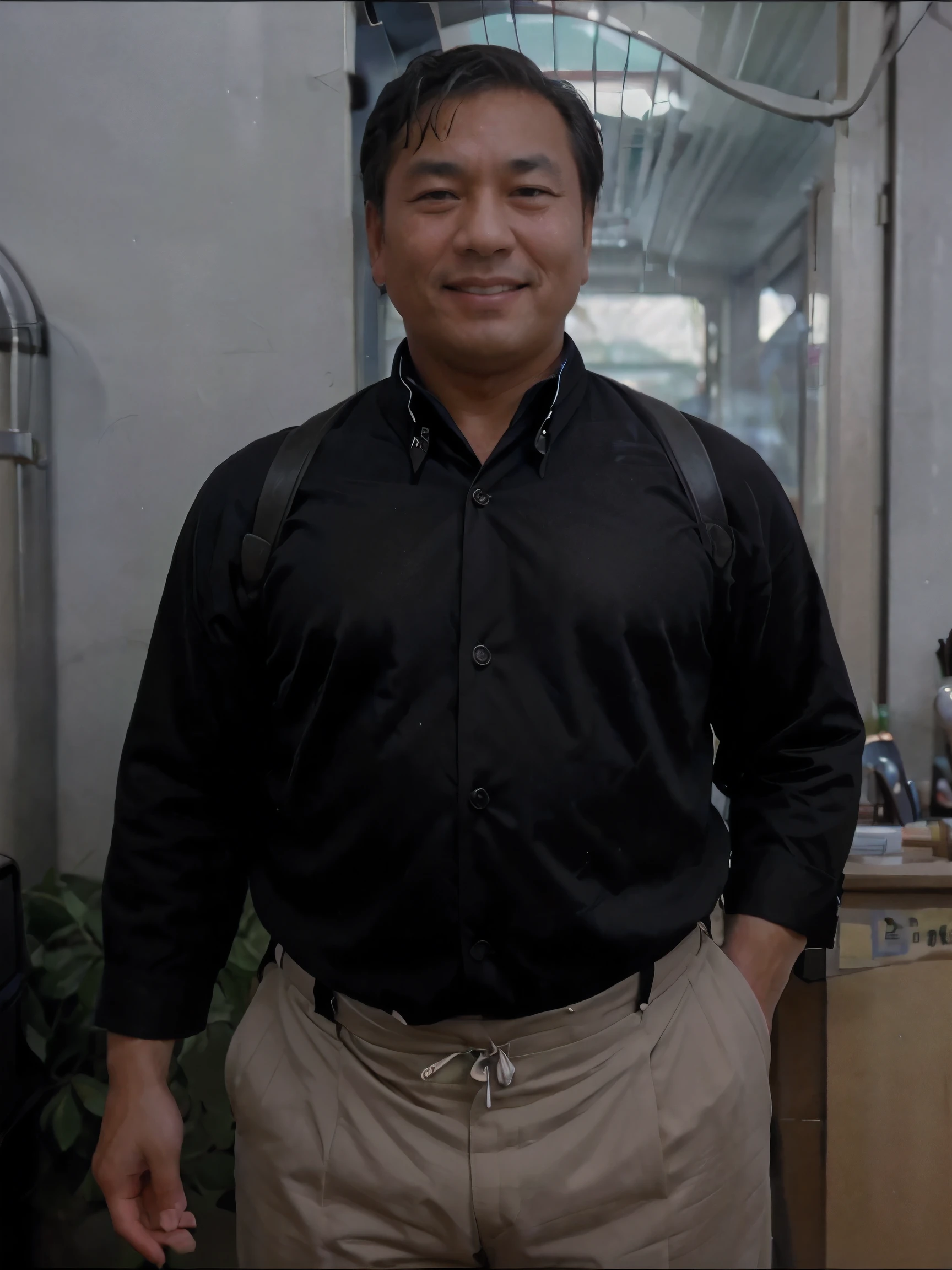 A 50-year-old oriental middle-aged man with a slightly fat figure in the 1950s，Wearing a neat suit and suspenders with an friendly smile on his face，Business frontal half-length close-up，Black and white portrait film photography