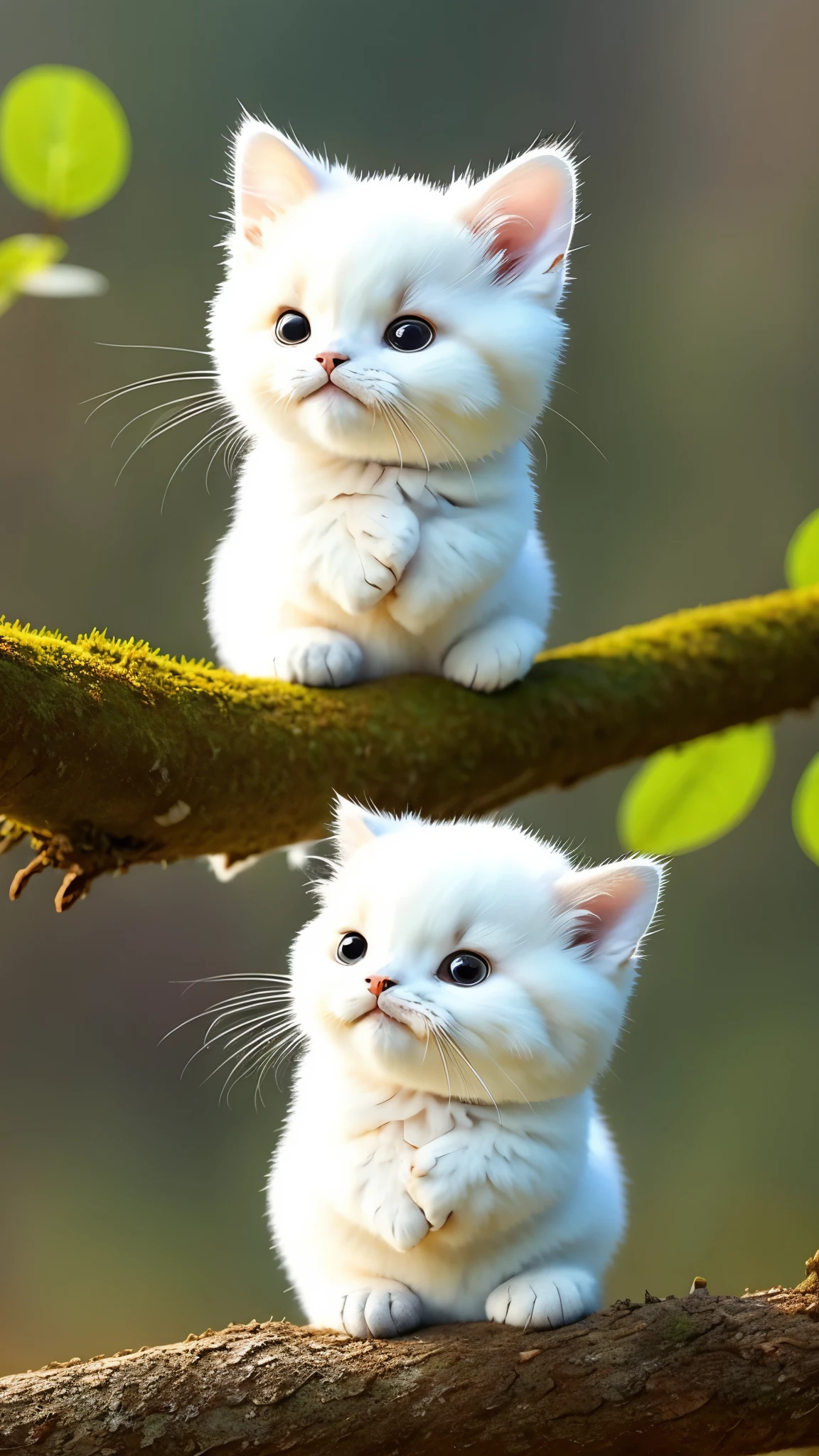Fluffy cat sitting near the roots of a tree in the middle of the mountain, cute