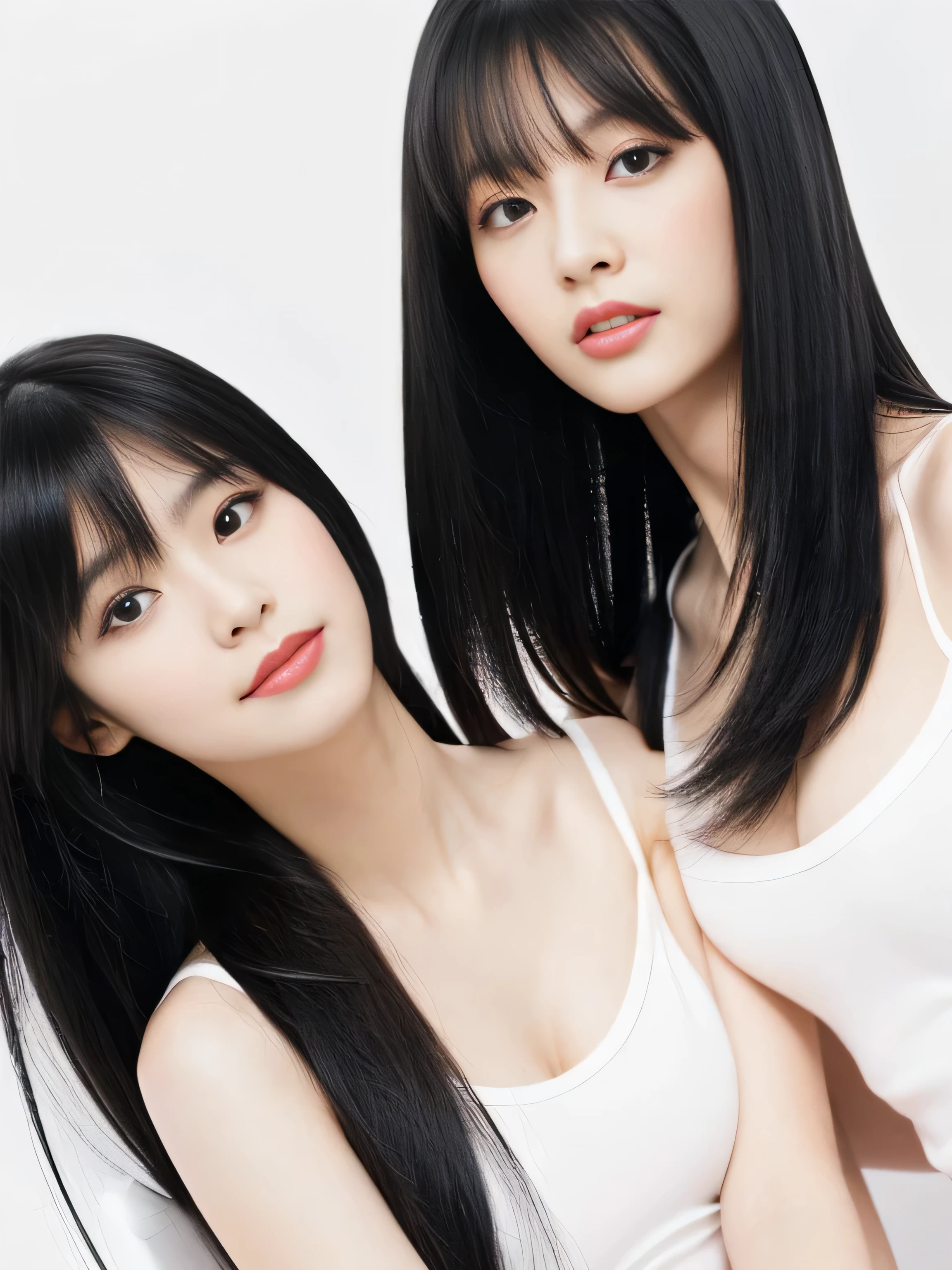(Two clone twin hair models photographed from the knees up in the same space) ((Two female hair models lie on a white bed in identical poses, embracing each other while looking at each other.:1.6)) (They are are are the same clone) ((They are try to show off their hair as much as possible.,)) ((Beautiful 18-year-old model with long black hair, girl with super length Hair, extremely length Hair, extra length Hair, very long, Flowing Hair, very length Hair, length Hair girl, very long, Flowing black hair, length Hair windy, Very long black hair, length, Flowing Hair,Incredibly long-lasting hair, length Hair!!!! Her highest quality hair is long and straight., very long, highest quality black hair, length hair in the center, Highest quality long straight hair, length, straight, beautiful, High quality hair, length and free black highest quality straight hair, length Hair, length and straight, highest quality black hair, Perfect silky straight hair of the highest quality, straight, highest quality black hair, length black straight hair, length, Thin black hair Her hair is long and straight, very long black hair, length hair in the center, length straight hair, length, straight, beautiful hair of the highest quality, length Hair, length, straight black hair, length and free straight black hair, straight black hair)) (Her bangs are perfect.:1.3) (Pure white wall background:1.8) (Japan's most sexy and beautiful 24-year-old beauty model) ((highest quality)), ((masterpiece)), (Familiar) (Get used to it) Perfect Face (Her skin is a typical Japanese skin color......、And very detailed) (Big Breasts:1.3) (She has a beautiful face and a typical Japanese figure...., Narrow eyes) (She has perfect beautiful makeup and face Lipstick is light red A solid eyeliner) ((Rich 1.4)) (Extremely detailed 8K) (Ultra-fine skin texture 1.4) (Actual, Vibrant:1.4), double eyelid Sharp focus:1.2、Beautiful woman:1.4 Dynamic Lighting (Genuine RAW photos taken by professional photographers) Professional Hair Shine. (She has a bright and cheerful face) (((途方もなくlengthBlack hair 1.3))) (length, Shiny black hair, その女性はlengthBlack hairをしている, lengthBlack hair, Waist-length hair, very lengthBlack hair, thick shining black hair, black silky hair, length and shiny hair, lengthBlack hair, length, Flat Hair Ridiculously long hair, Black shiny hair, Very shiny, Abnormally long hair, 厚く輝く異常にlengthBlack hair,Jet black silky hair Her hair is とてもlength and straight length, Voluminous black hair that reaches down to her ankles unusually long black hair, unusually long black hair, Very long black hair) (Her face is slim and dignified.., length, Narrow eyes..々Nice face) (They are are'They are'They're both wearing the same white lingerie:1.5)