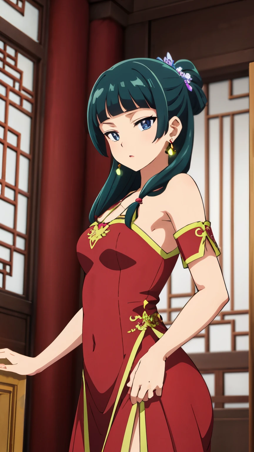 highest quality (8k, High resolution, masterpiece: 1.2), Very detailed, Anime art style, Dynamic Angle, Teen Style, (China dress, Exposed shoulders, Earrings, indoor,), Detailed green hair, Detailed blue eyes, Complicated hairstyle, Long Hair , The body is slim, Sparkling eyes, like々Shii, hair accessory, Earrings, Half Up, Slightly blunt bangs, Detailed lighting, Bright colors, Looking at the audience, Center the image, Cowboy Shot,