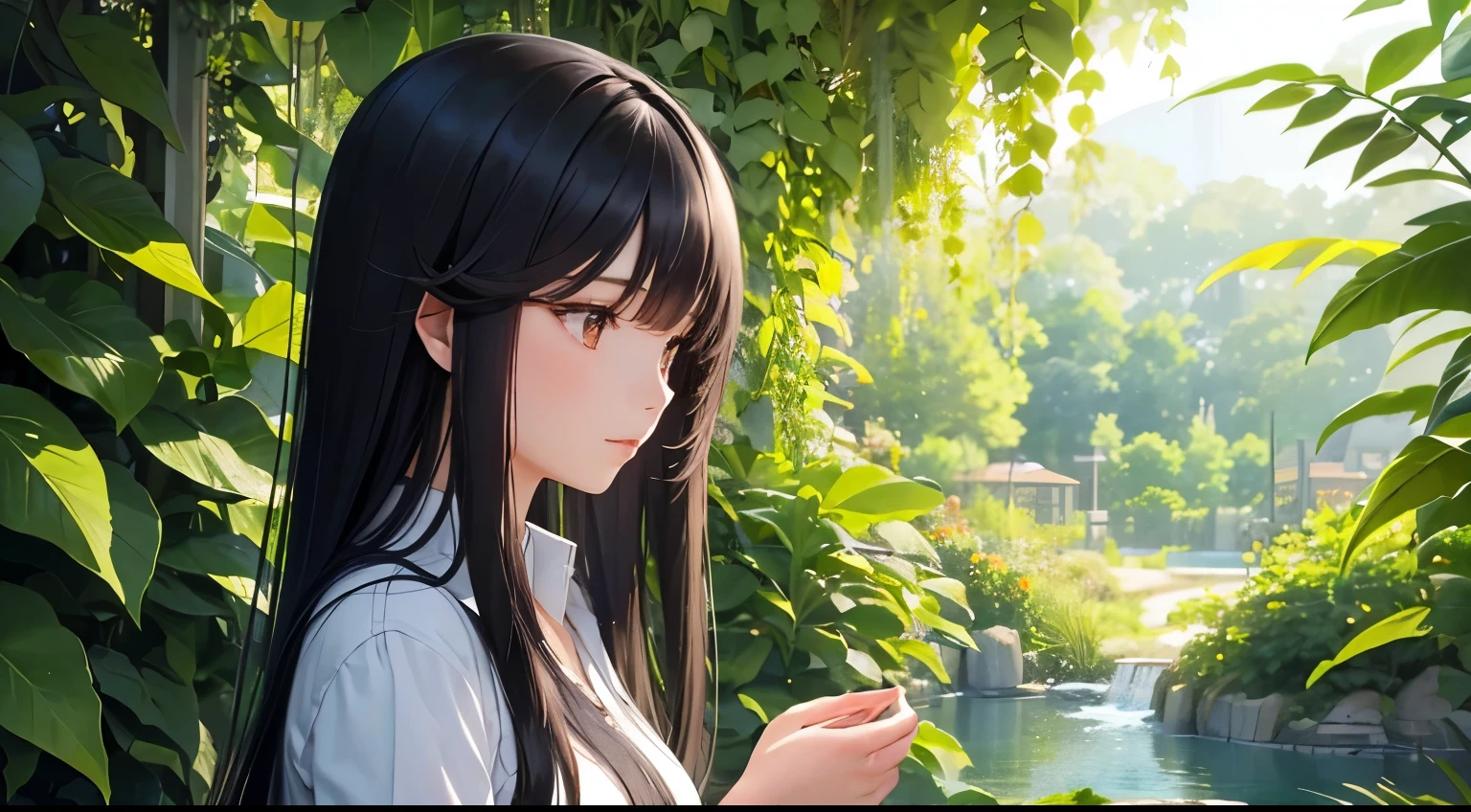 Girl surrounded by plants、 relax、Nice scenery、Long Black Hair、Beauty