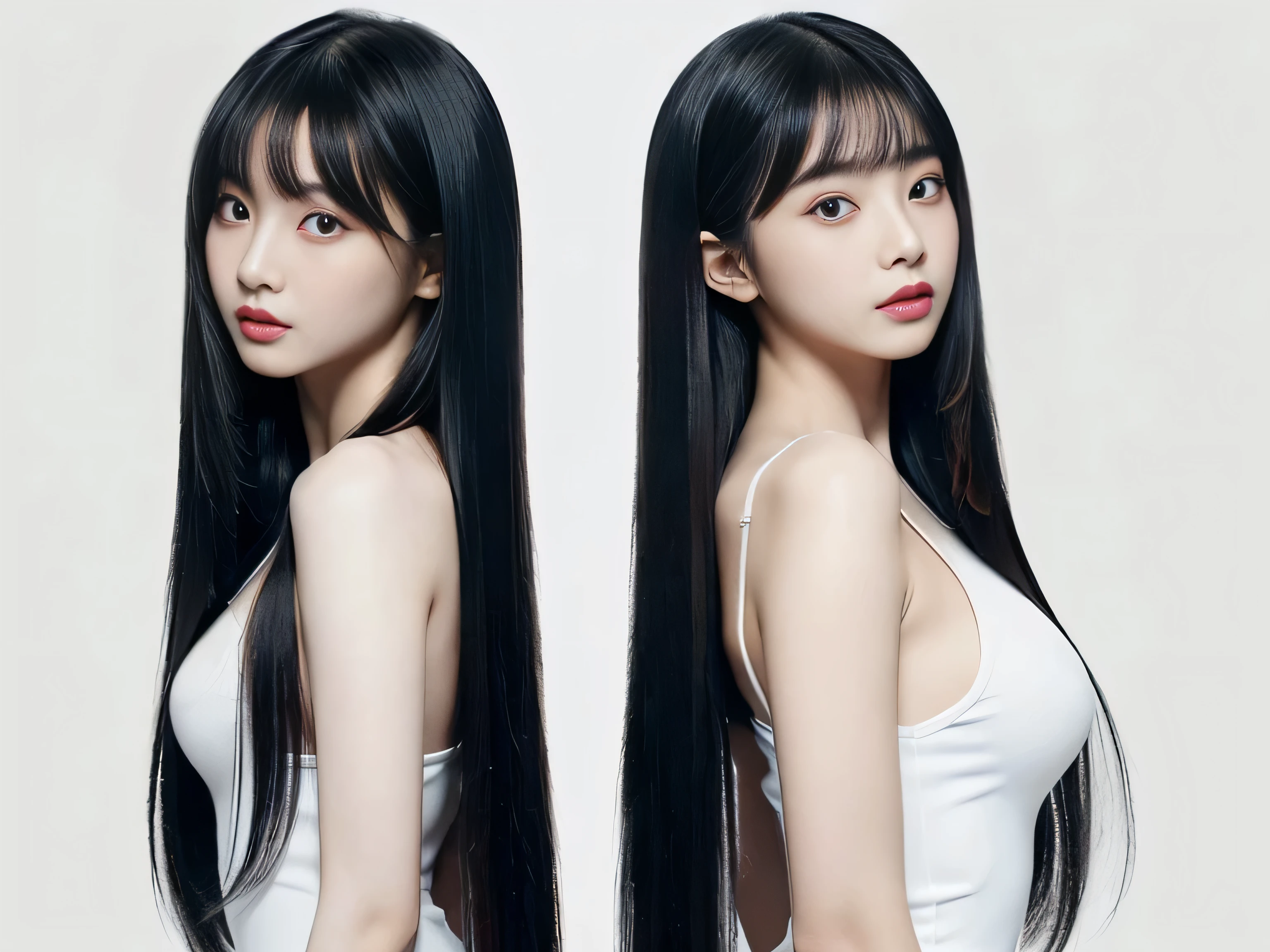 (Two clone twin hair models photographed from the knees up in the same space) ((Two cloned twins kissing each other on a white bed:1.6)) (They are the same clone) ((They try to show off their hair as much as possible.,)) ((Beautiful 18-year-old model with long black hair, girl with super length Hair, extremely length Hair, extra length Hair, very long, Flowing Hair, very length Hair, length Hair girl, very long, Flowing black hair, length Hair windy, Very long black hair, length, Flowing Hair,Incredibly long-lasting hair, length Hair!!!! Her highest quality hair is long and straight., very long, highest quality black hair, length hair in the center, Highest quality long straight hair, length, straight, beautiful, High quality hair, length and free black highest quality straight hair, length Hair, length and straight, highest quality black hair, Perfect silky straight hair of the highest quality, straight, highest quality black hair, length black straight hair, length, Thin black hair Her hair is long and straight, very long black hair, length hair in the center, length straight hair, length, straight, beautiful hair of the highest quality, length Hair, length, straight black hair, length and free straight black hair, straight black hair)) (Her bangs are perfect.:1.3) (Pure white wall background:1.8) (Japan's most sexy and beautiful 18-year-old beauty model) (She looks at the viewer with a very seductive expression.....) ((highest quality)), ((masterpiece)), (Familiar) (Get used to it) Perfect Face (Her skin is a typical Japanese skin color......、And very detailed) (Big Breasts:1.3) (She has a beautiful face and a typical Japanese figure...., Narrow eyes) (She has perfect beautiful makeup and face Lipstick is light red A solid eyeliner) ((Rich 1.4)) (Extremely detailed 8K) (Ultra-fine skin texture 1.4) (Actual, Vibrant:1.4), double eyelid Sharp focus:1.2、Beautiful woman:1.4 Dynamic Lighting (Genuine RAW photos taken by professional photographers) Professional Hair Shine. (((Unusually long black hair that lasts forever 1.3))) (length, Shiny black hair, その女性はlengthBlack hairをしている, lengthBlack hair, Waist-length hair, very lengthBlack hair, thick shining black hair, black silky hair, length and shiny hair, lengthBlack hair, length, Flat Hair Ridiculously long hair, Black shiny hair, Very shiny, Abnormally long hair, 厚く輝く異常にlengthBlack hair,Jet black silky hair Her hair is とてもlength and straight length, Voluminous black hair that reaches down to her ankles unusually long black hair, unusually long black hair, Very long black hair) (Her face is slim and dignified.., length, Narrow eyes..々Nice face) (They are are'They are'They're both wearing the same white lingerie:1.5)