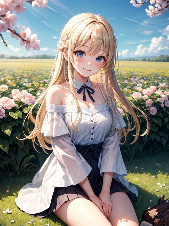 Smiling with eyes and mouth open、Sitting in the flower park、knee up、One pretty blonde girl。She had her long hair blowing in the wind、Surrounding flowers々Surrounded by the scent of。That smile is、As warm as the spring sunshine、Gives a pleasant feeling of happiness。She is such a、White off-shoulder、Wearing a miniskirt、It's like a single flower blooming in the park.、Cleavage。Panty Shot、Show white panties。Expand your imagination、What charm will her smile have in this landscape?、Picture it。