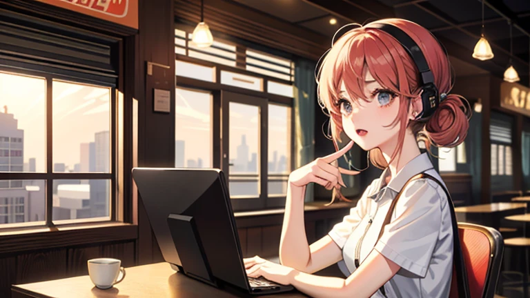anime、Retro coffee shop、laptop、Round eyes、beautiful girl、work、earphone