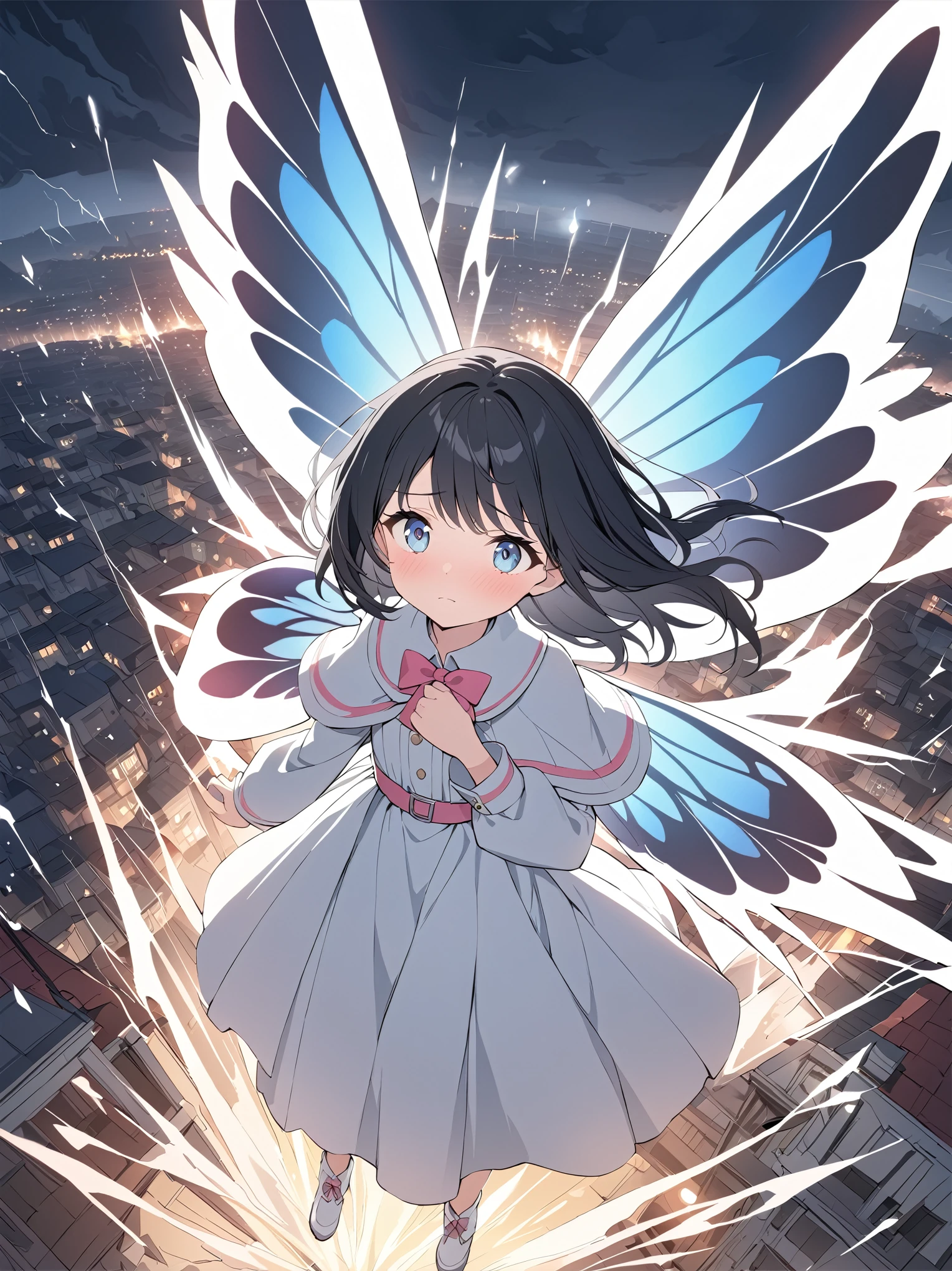 best quality, masterpiece, ultra resolution, super details, anatomically correct, full body, 1 girl, solo, (junior child:1.2), (black hair:1.2), high quality eyes, high quality hands, clear blue eyes, (medium hair), loose hair, white dress, (white caplet:1.3), (large collar bow:1.5), long sleeves, wide cuffs, pink wide waist belt, (long skirt), (soft ankle boots:1.2), (huge colourful butterfly wings:1.5), (wings of light:1.3), (protesting in storm), sad expression, flying above a town, visible cyclone wind, high quality background, detailed background, depth of field, dynamic angle