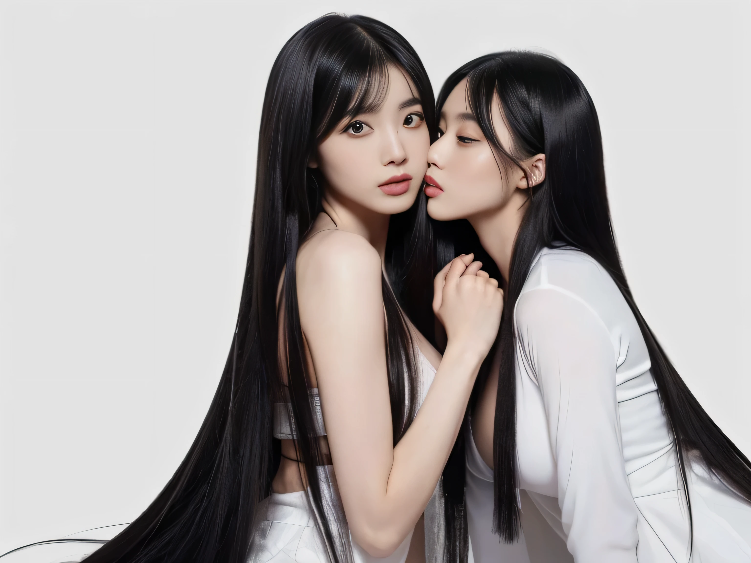 (Two clone twin hair models photographed from the knees up in the same space) ((Two cloned twins kissing facing each other on a white bed:1.4)) (They are the same clone) ((They try to show off their hair as much as possible.,)) ((Beautiful 18-year-old model with long black hair, girl with super length Hair, extremely length Hair, extra length Hair, very long, Flowing Hair, very length Hair, length Hair girl, very long, Flowing black hair, length Hair windy, Very long black hair, length, Flowing Hair,Incredibly long-lasting hair, length Hair!!!! Her highest quality hair is long and straight., very long, highest quality black hair, length hair in the center, Highest quality long straight hair, length, straight, beautiful, High quality hair, length and free black highest quality straight hair, length Hair, length and straight, highest quality black hair, Perfect silky straight hair of the highest quality, straight, highest quality black hair, length black straight hair, length, Thin black hair Her hair is long and straight, very long black hair, length hair in the center, length straight hair, length, straight, beautiful hair of the highest quality, length Hair, length, straight black hair, length and free straight black hair, straight black hair)) (Her bangs are perfect.:1.3) (Pure white wall background:1.8) (Japan's most sexy and beautiful 18-year-old beauty model) (She looks at the viewer with a very seductive expression.....) ((highest quality)), ((masterpiece)), (Familiar) (Get used to it) Perfect Face (Her skin is a typical Japanese skin color......、And very detailed) (Big Breasts:1.3) (She has a beautiful face and a typical Japanese figure...., Narrow eyes) (She has perfect beautiful makeup and face Lipstick is light red A solid eyeliner) ((Rich 1.4)) (Extremely detailed 8K) (Ultra-fine skin texture 1.4) (Actual, Vibrant:1.4), double eyelid Sharp focus:1.2、Beautiful woman:1.4 Dynamic Lighting (Genuine RAW photos taken by professional photographers) Professional Hair Shine. (((Unusually long black hair that lasts forever 1.3))) (length, Shiny black hair, その女性はlengthBlack hairをしている, lengthBlack hair, Waist-length hair, very lengthBlack hair, thick shining black hair, black silky hair, length and shiny hair, lengthBlack hair, length, Flat Hair Ridiculously long hair, Black shiny hair, Very shiny, Abnormally long hair, 厚く輝く異常にlengthBlack hair,Jet black silky hair Her hair is とてもlength and straight length, Voluminous black hair that reaches down to her ankles unusually long black hair, unusually long black hair, Very long black hair) (Her face is slim and dignified.., length, Narrow eyes..々Nice face) (They are are'They are'They're both wearing the same white lingerie:1.5)