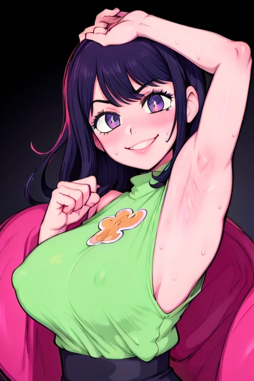 masterpiece, best quality, hoshino ai, looking at viewer, very large breasts, upper body, portrait, looking at viewer, seductive smile,put your hands behind your head, armpits, armpits visible, sweaty armpits,