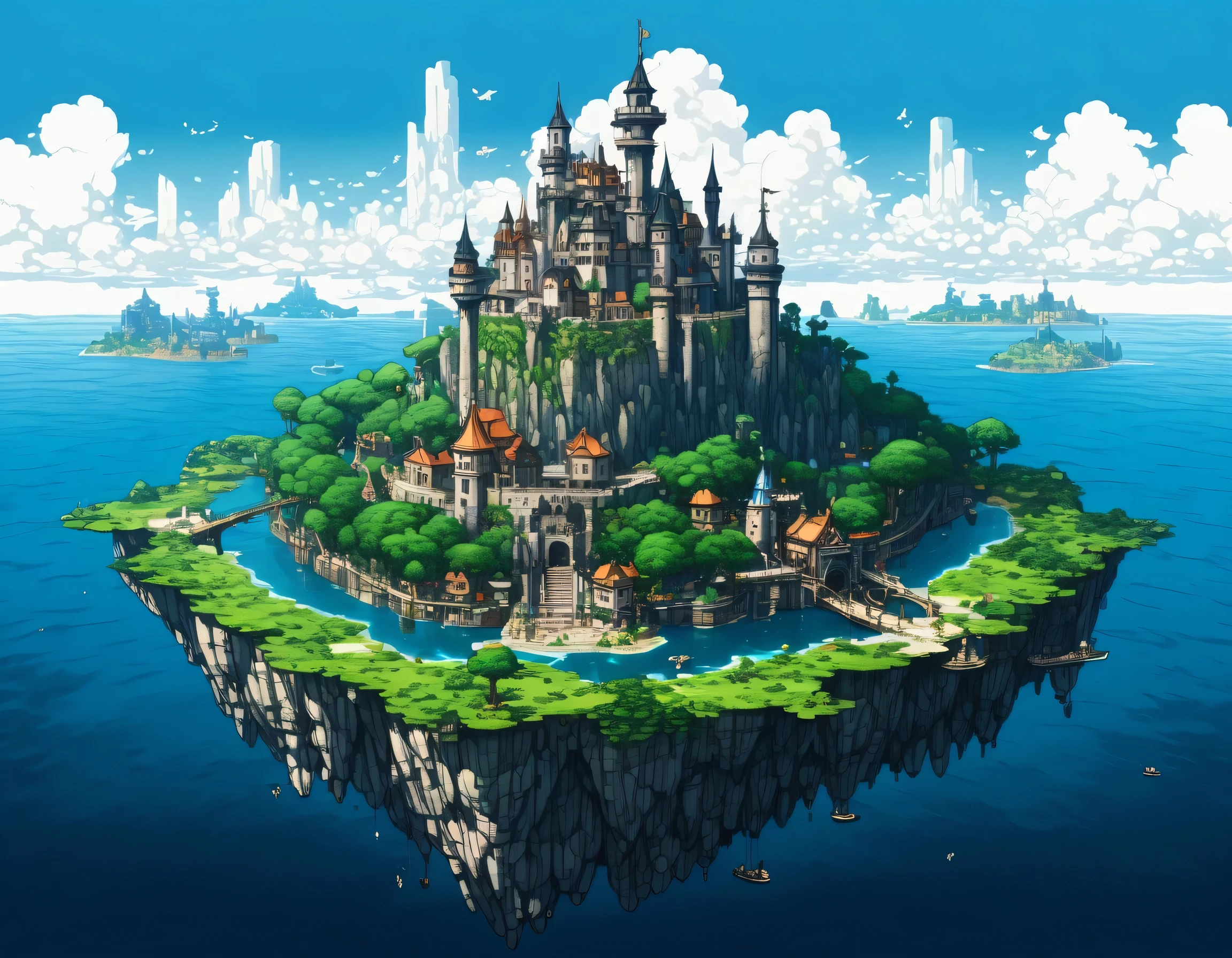 Anime style illustration of a small island with a castle in the center, floating city, From Bravely Default II, floating city in the sky, Giant floating castle, Background of the Renaissance port city, Flying Cloud Castle, fantasy capital city, Beautifully detailed pixel art, Final Fantasy VLL world concept, Inspired by Jacek Jelka, by Oze Kanaoka