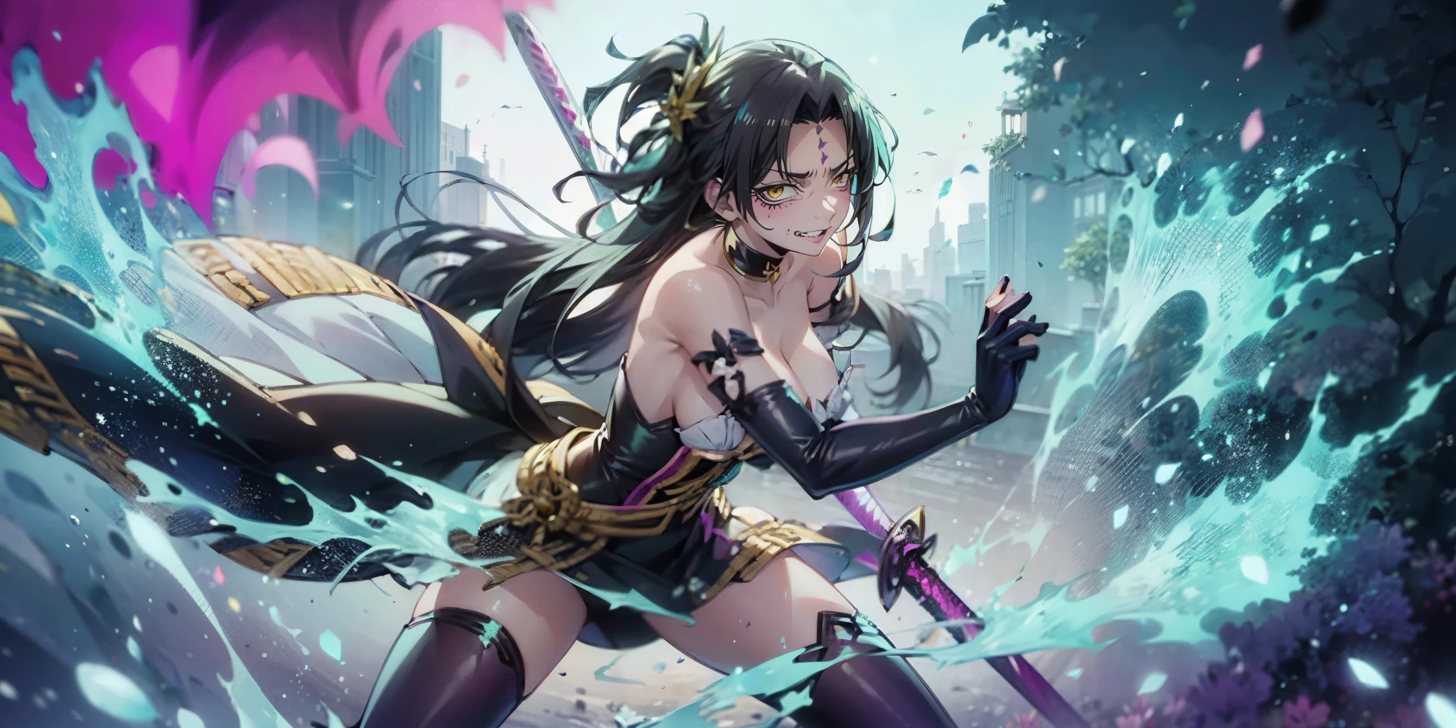 michiko_tanaka_mahoushoujoniakogarete, anime_style, (long hair:1.3), (black hair:1.3), forehead, forehead mark, anatomically correct, heavy breathing, huge breasts, breast press, solo, thighhighs, bare_shoulders, dress, purple_legwear, cleavage, nail_polish, gloves, looking_at_viewer, strapless, blurry, collarbone, black_dress, elbow_gloves, strapless_dress, water (shaded face:1.2), hollow eyes, yellow eyes, looking at viewer, (heavy breathing:1.2), smirk, upper teeth, forehead mark, makeup, katana,