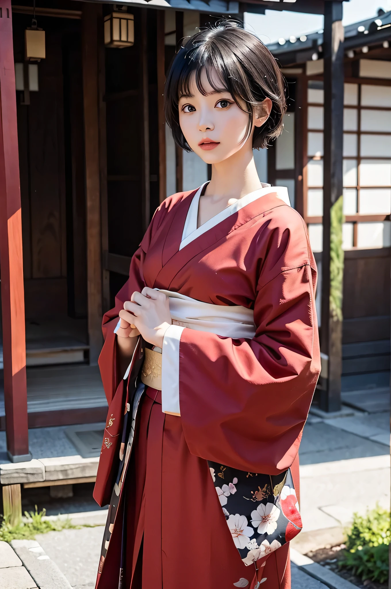 One Woman、solo、Facing the viewer head-on、The whole body is shown、The background is an old Japanese townscape.、Wearing a red kimono、kimono、Edo Period、Black Hair、Black hair、short hair、short hair、20-year-old、Iris、Cute woman、Adult women、4k、((Masterpiece))、(Delicate)