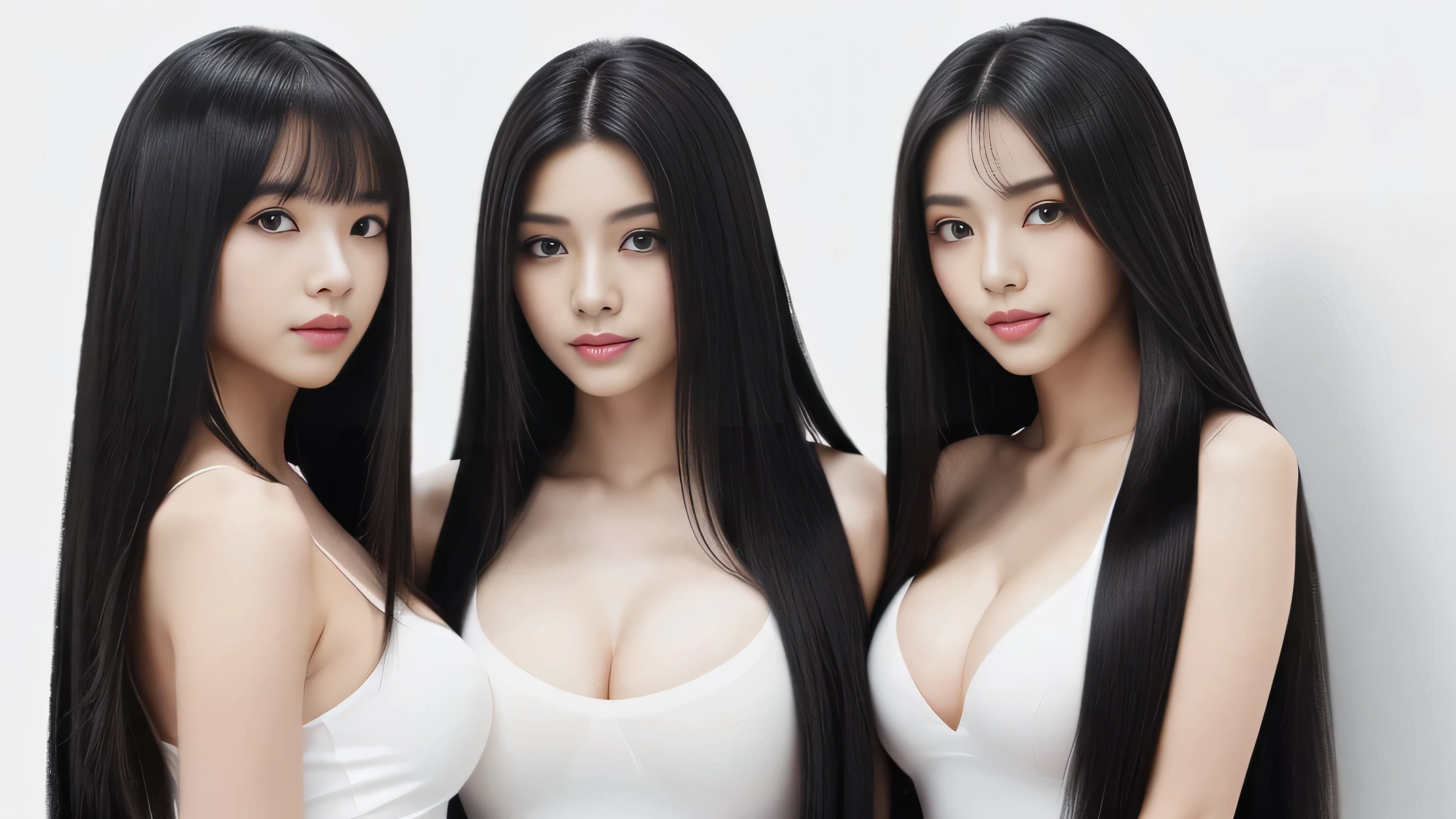 (Three identical twin triplets photographed from the chest up in the same space) ((Three clone triplets leaning close to each other and showing sensual looks to the viewer:1.4)) (They are the same clone) ((They try to show off their hair as much as possible.,)) ((Beautiful 18-year-old model with long black hair, girl with super length Hair, extremely length Hair, extra length Hair, very long, Flowing Hair, very length Hair, length Hair girl, very long, Flowing black hair, length Hair windy, Very long black hair, length, Flowing Hair,Incredibly long-lasting hair, length Hair!!!! Her highest quality hair is long and straight., very long, highest quality black hair, length hair in the center, Highest quality long straight hair, length, straight, beautiful, High quality hair, length and free black highest quality straight hair, length Hair, length and straight, highest quality black hair, Perfect silky straight hair of the highest quality, straight, highest quality black hair, length black straight hair, length, Thin black hair Her hair is long and straight, very long black hair, length hair in the center, length straight hair, length, straight, beautiful hair of the highest quality, length Hair, length, straight black hair, length and free straight black hair, straight black hair)) (Her bangs are perfect.:1.3) (Pure white wall background:1.8) (Japan's most sexy and beautiful 18-year-old beauty model) ((highest quality)), ((masterpiece)), (Familiar) (Get used to it) Perfect Face (Her skin is a typical Japanese skin color......、And very detailed) (Big Breasts:1.3) (She has a beautiful face and a typical Japanese figure...., Narrow eyes) (She has perfect beautiful makeup and face Lipstick is light red A solid eyeliner) ((Rich 1.4)) (Extremely detailed 8K) (Ultra-fine skin texture 1.4) (Actual, Vibrant:1.4), double eyelid Sharp focus:1.2、Beautiful woman:1.4 Dynamic Lighting (Genuine RAW photos taken by professional photographers) Professional Hair Shine. (((Unusually long black hair that lasts forever 1.3))) (length, Shiny black hair, その女性はlengthBlack hairをしている, lengthBlack hair, Waist-length hair, very lengthBlack hair, thick shining black hair, black silky hair, length and shiny hair, lengthBlack hair, length, Flat Hair Ridiculously long hair, Black shiny hair, Very shiny, Abnormally long hair, 厚く輝く異常にlengthBlack hair,Jet black silky hair Her hair is とてもlength and straight length, Voluminous black hair that reaches down to her ankles unusually long black hair, unusually long black hair, Very long black hair) (Her face is slim and dignified.., length, Narrow eyes..々Nice face) (They are are'They are'They're both wearing the same white lingerie:1.5)