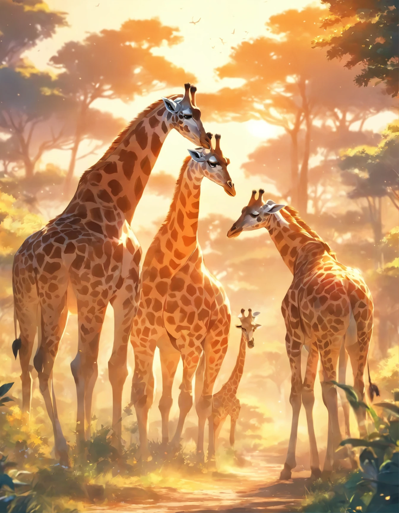 Giraffes in the wild in the afternoon sun.