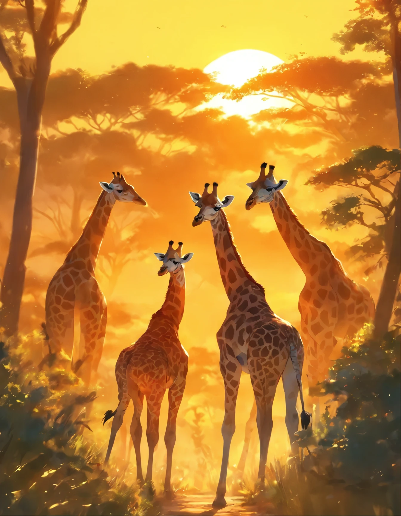 Giraffes in the wild in the afternoon sun.