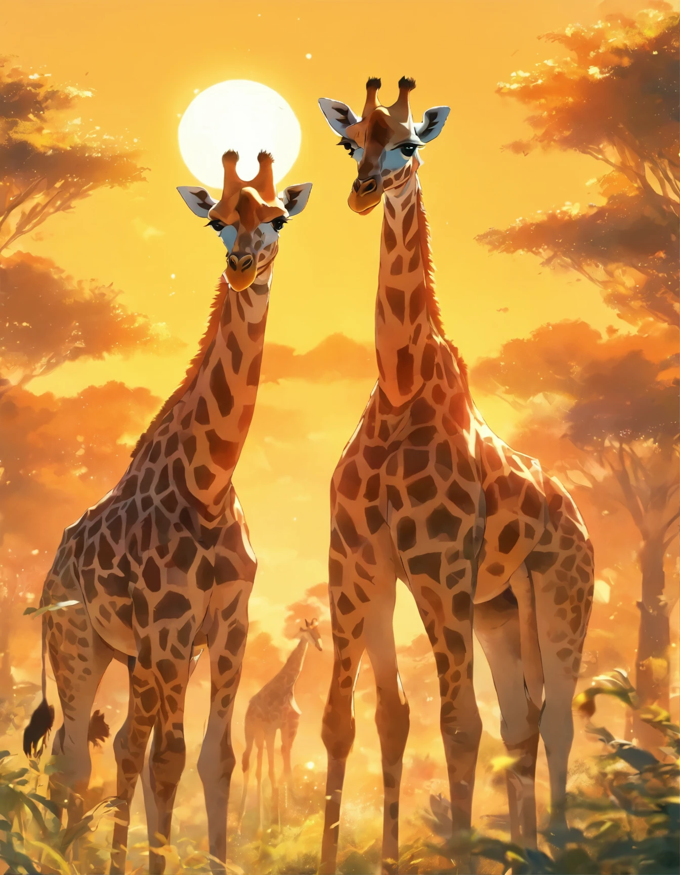 Giraffes in the wild in the afternoon sun.