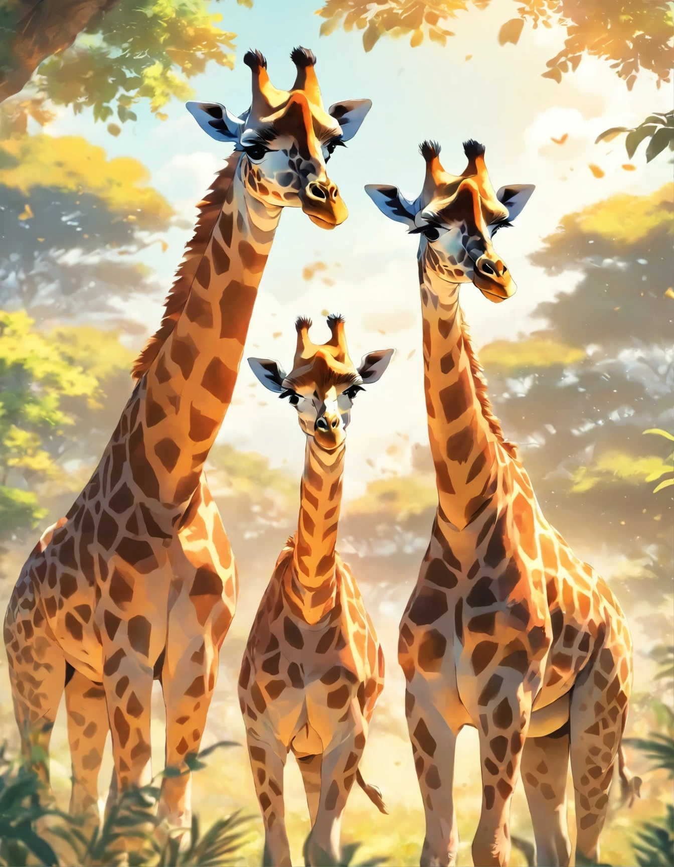 Giraffes in the wild in the afternoon sun.