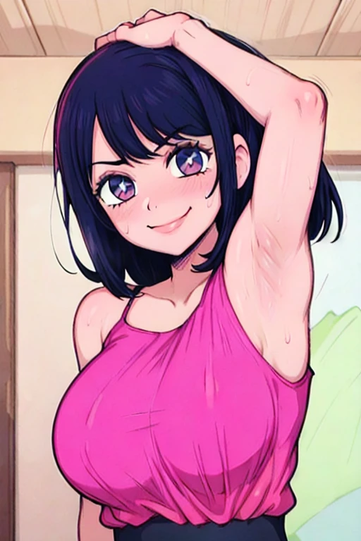 masterpiece, best quality, hoshino ai, looking at viewer, very large breasts, upper body, portrait, looking at viewer, seductive smile,put your hands behind your head, armpits, armpits visible, sweaty armpits,