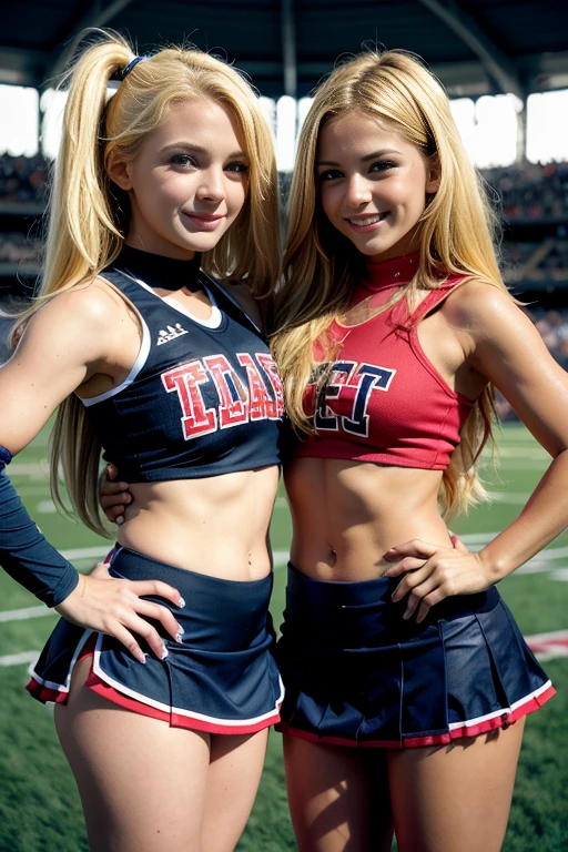 Realistic high-quality picture of two blonde girls, Becky and Stacey, 10, Wearing a cheerleading outfit consisting of a short pleated skirt and a backless top, Have a beautiful face and plump lips, Smooth freckled skin,Have pores, very long curly hair,There is a hair tie, Thin boy's body, Soft and natural breasts, Happy Mood, Smiling happily,Show your teeth, on a busy street, Kiss each other