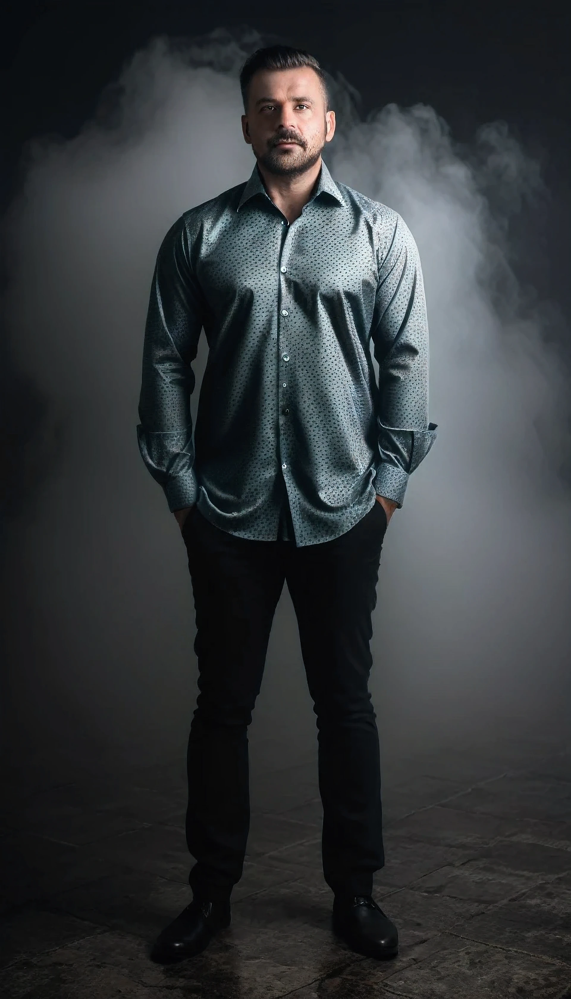 A man wearing looking very rich shirt, in a dark gloomy thick fog area, mist, full body portrait