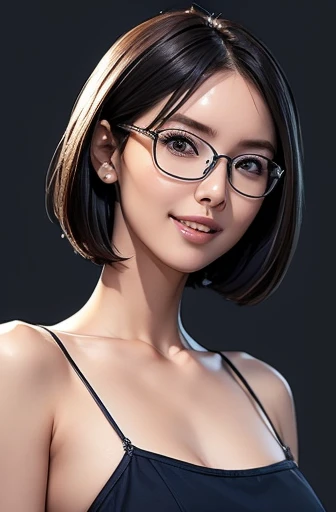 (masterpiece), (8k, best quality, high resolution), (ultra-detailed, realistic), (anatomically correct),
((face close-up)), (Standing), (No background),
(1woman), (looking at viewer),
(A Japanese woman, 30 years old and 155cm tall.),
(black hair), (straight hair), (short hair style), (bob cut), (hair behind ears),
(wear glasses), ((black cell frame glasses)),
((Wear a navy blue spaghetti strap dress)), (Mini length dress with simple design),
(Create a detailed image of the eye),
(Her impression is pure, clean and kind.),
((A captivating smile, just showing a few teeth.)),