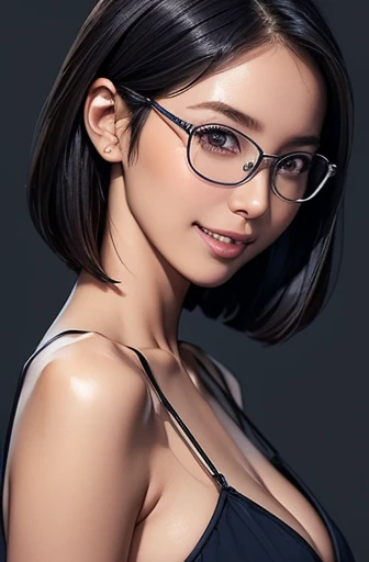 (masterpiece), (8k, best quality, high resolution), (ultra-detailed, realistic), (anatomically correct),
((face close-up)), (Standing), (No background),
(1woman), (looking at viewer),
(A Japanese woman, 30 years old and 155cm tall.),
(black hair), (straight hair), (short hair style), (bob cut), (hair behind ears),
(wear glasses), ((black cell frame glasses)),
((Wear a navy blue spaghetti strap dress)), (Mini length dress with simple design),
(Create a detailed image of the eye),
(Her impression is pure, clean and kind.),
((A captivating smile, just showing a few teeth.)),