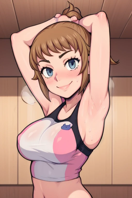 masterpiece, best quality, hoshino fumina, looking at viewer, very large breasts, upper body, portrait, looking at viewer, seductive smile,put your hands behind your head, armpits, armpits visible, sweaty armpits, backround on gym