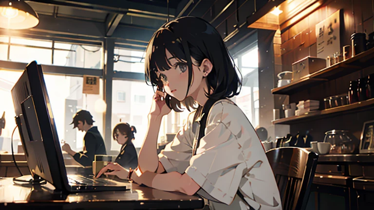 anime、Retro coffee shop、laptop、Round eyes、beautiful girl、work、earphone