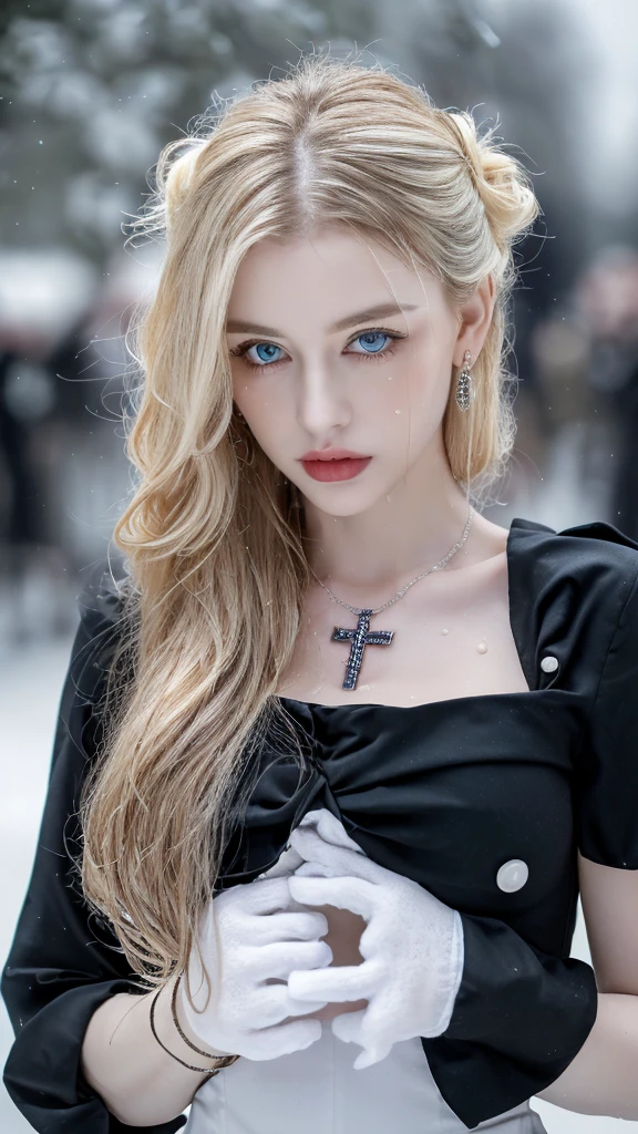 1 miniature Beautiful beautiful woman - Yuan Sayuki, ((top quality, 8K, Masterpiece:1.retty woman, 1 woman, huge breasts:1.3, a slim body:1.1, lush GINGER short hair with 2 buns, (shower, wet body, wet clothes:1.1), very detailed face, detailed lips, detailed eyes, double eyelids, Detailed blue eyes, чрезвычайно Detailed Outstanding Blue Eyes, short GINGER wet hair, GINGER wet hair, Detailed Outstanding Blue Eyes, innocent look at the viewer, very wet wavy white hair, Detailed Outstanding Blue Eyes, huge cross earrings, Outdoors, badges behind, gothic maid uniform, sexy maid dress, bare chest, huge chest tattoo, detailed huge catholic cross earrings, chest tattoo, Outside, wear a silver cross (Detailed cross shape), reality mode, wet breasts, black necklace, human crowd behind, black latex gloves, hair of white snowy colour, night time, red neon lights, demonic nun, nimbus (golden lighting ring above her head), angel, snowy weather, sexy pose, white lingerie, black maid dress, detailed flower wreath made of different colours, open chest (tattoo on her chest)