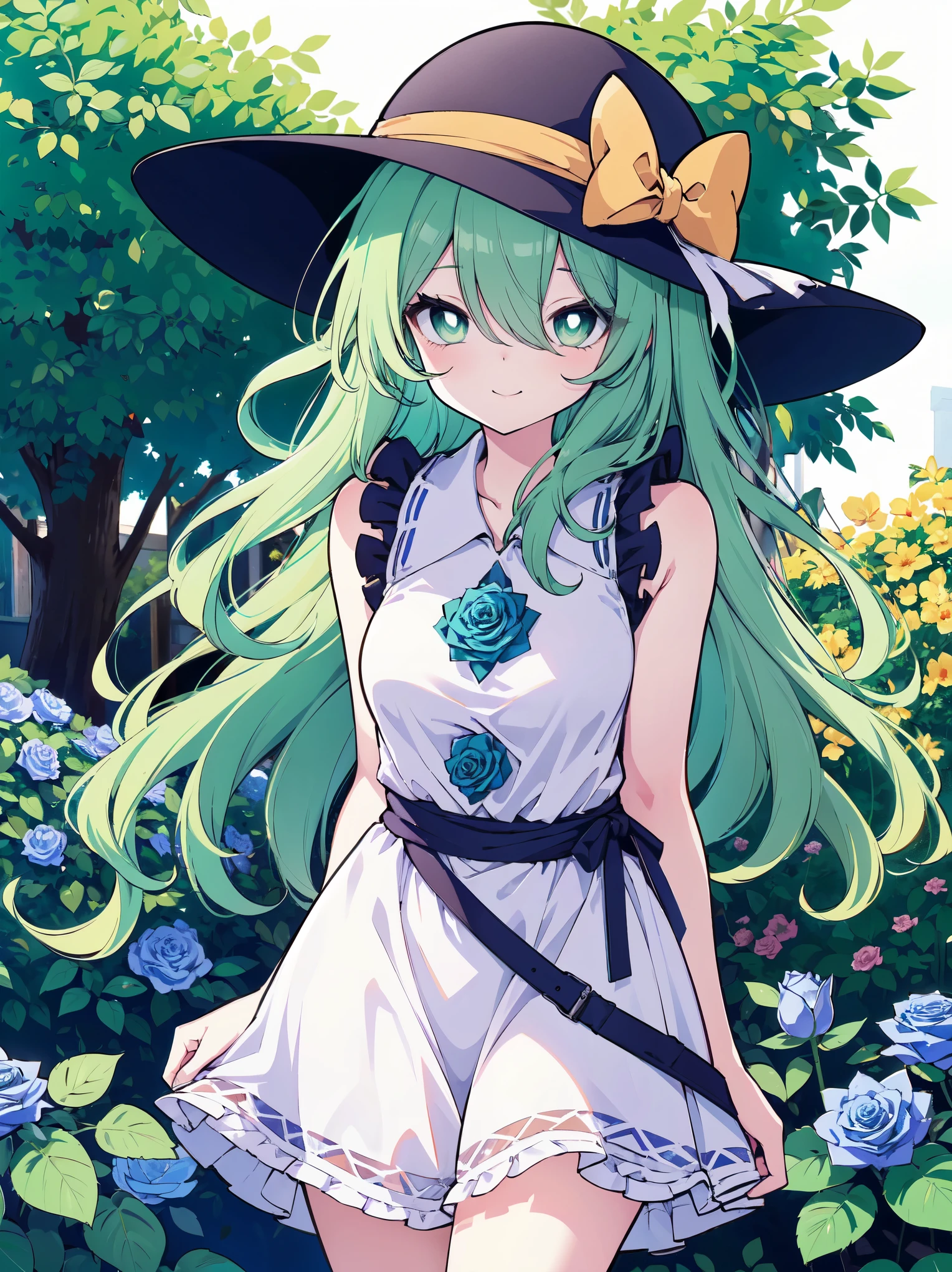 (cowboy shot), (colorful:1.1), (ultra-high resolution, depth of field:1.2), Touhou project, (komeiji koishi), (1woman), adult, medium breasts, (dark green eyes), white pupils, glowing eyes, green hair, wavy hair, (long hair), ponytail, (wearing a white summer dress:1.2), A closed blue-purplish "third eye", with cords wrapped around her torso and attached to each of her ankles, (blue roses in the background), garden scenery, gentle smile, (squinting eyes), (grinning)