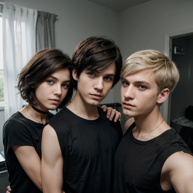 He is an emo boy, white complexion, slim, grayish blue eyes, dark brown hair, short emo hairstyle and he is 1.91 cm tall, very handsome, Polish and looks like the character called Dominik santorski From the movie suicide room Do it by taking a selfie, wearing emo clothes Take a photo with his male brother and two female sisters, one with short hair and the other with blonde Tom boy hair.