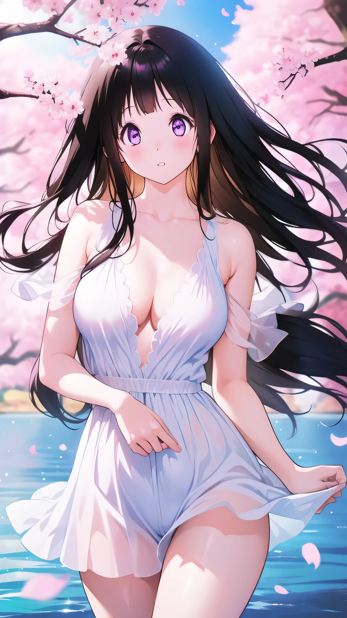 Amazing Chitanda, There is only one beautiful girl,Purple Eyes, Black Hair, Very red face,Very white skin,Glowing skin,Naturally straight hair, Straight bangs,Extremely refined,Open lips,Long flowing hair,Beautiful Girl, Like a dream,Slim,Slim waist,Soft, (Sensual), (Kawaii), Dream quality,Beautiful big breasts,Side Breast,White transparent dress,Deep V neckline,Loose neckline,by the lakeside,Wind blows up skirt,Press and hold the skirt,Flying Butterflies,Cherry blossoms,no pants,Showing breasts,Show your buttocks,Show your thighs,Showing collarbone,Show your neck,Exposing the groin,No pants,extremely shy,Ultra-high resolution, (masterpiece:1.2, best quality), (Delicate and beautiful eyes: 1.2), (Beautiful and delicate face)