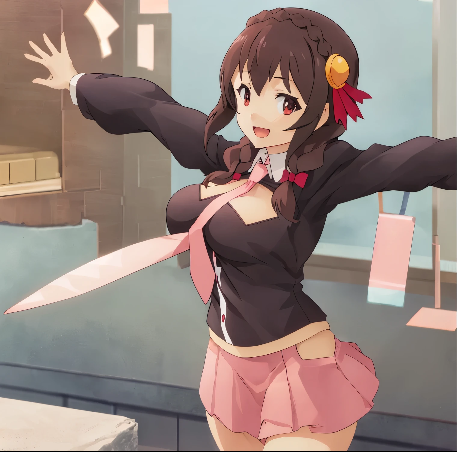 1 girl, solo, yunyun, solo focus, bangs, braid, crown_braid, brown hair, hair_bun, hair ornament, red_eyes, big_breasts, cleavage, medium waist, wide hips, medium thighs, pink_tie, (pink_skirt: 1.05 ), red leggings, smile, open mouth, tilted head, (arms behind the back: 1.5), perfect anatomy, perfect hands,