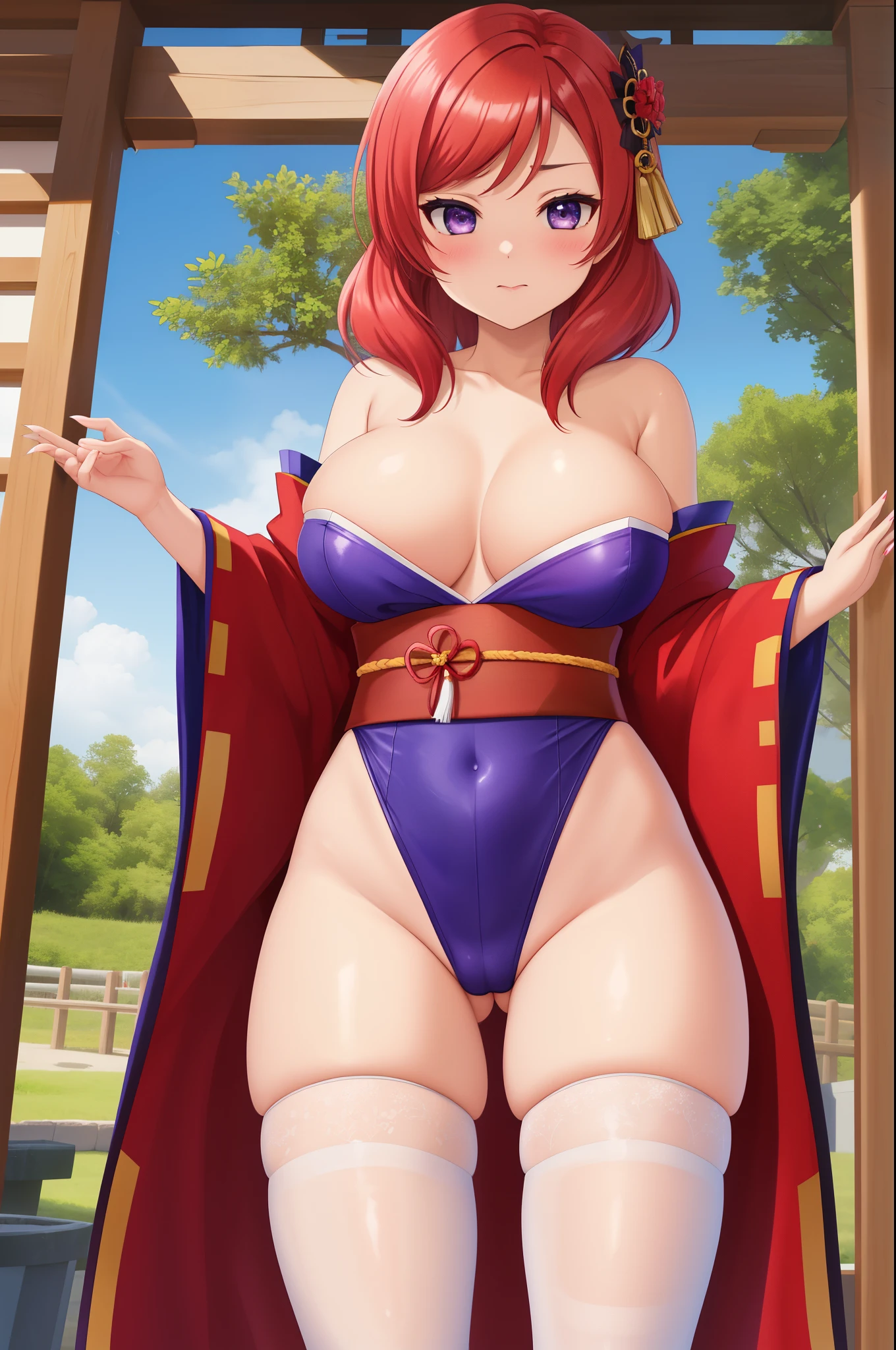 (best quality,highres,masterpiece),Nishikino maki, purple eyes,breasts, looking_at_viewer, blush, bangs, large_breasts, strapless ,hair_ornament, thighhighs, flower, heart, thighs, cowboy_shot, white japanese_clothes, shiny, white_thighhighs, leotard, fingernails, shiny_skin, sash, tattoo, skindentation, highleg, thick_thighs, obi, ribbon_trim, highleg_leotard, legs_together, ribbon-trimmed_legwear, obijime, tomoe_(symbol), mitsudomoe_(shape)