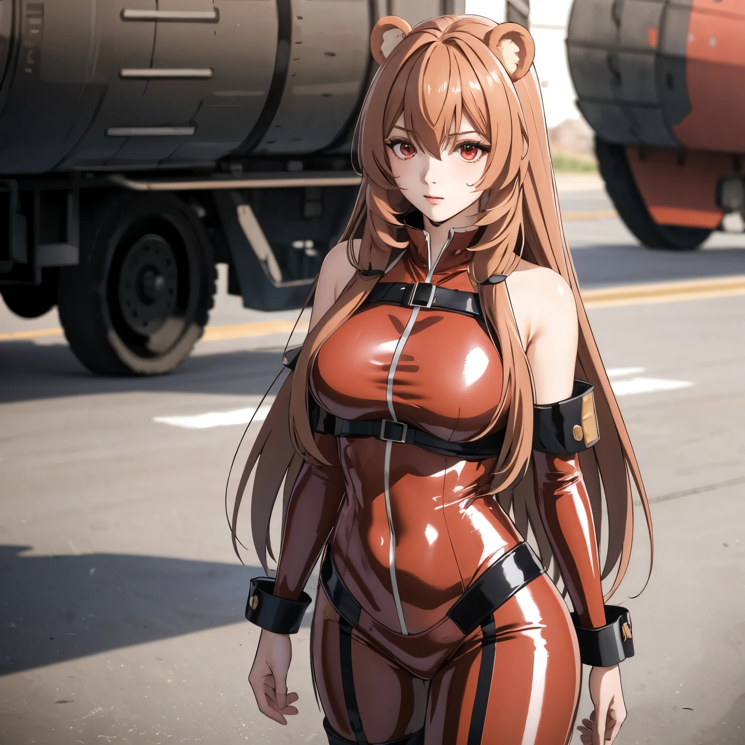 Raphtalia, atractiva mujer. orejas de oso, cabello naranja brillante, red eyes like rubies, pechos grandes,  red and orange latex suit, military installation background.